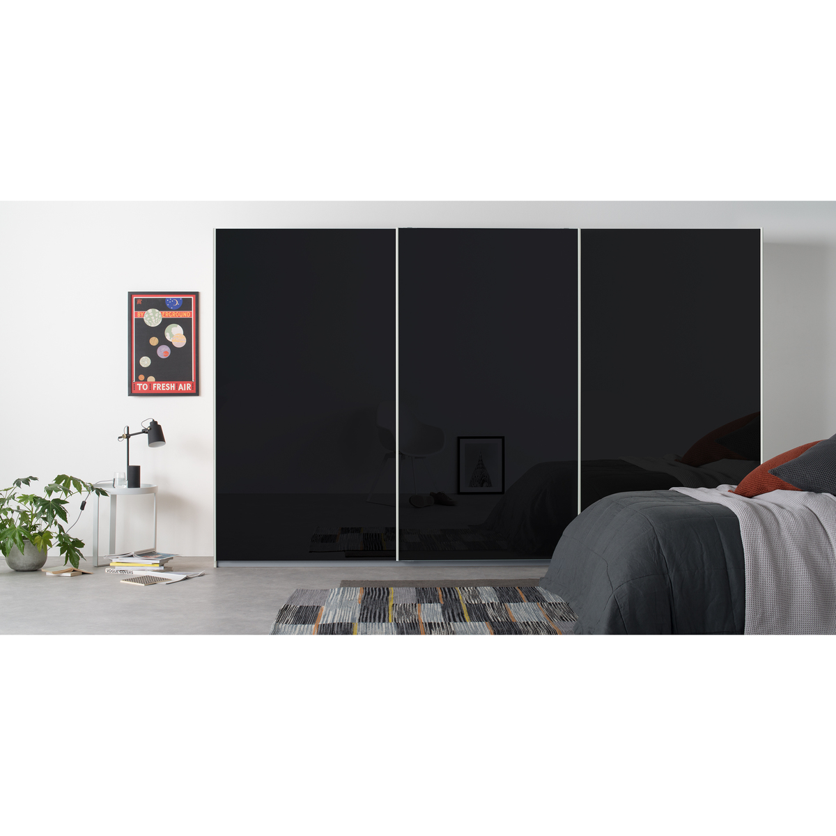 Malix 3 door 270cm Sliding Wardrobe, White frame,Basalt Grey Glass doors , Classic Interior – image 3
