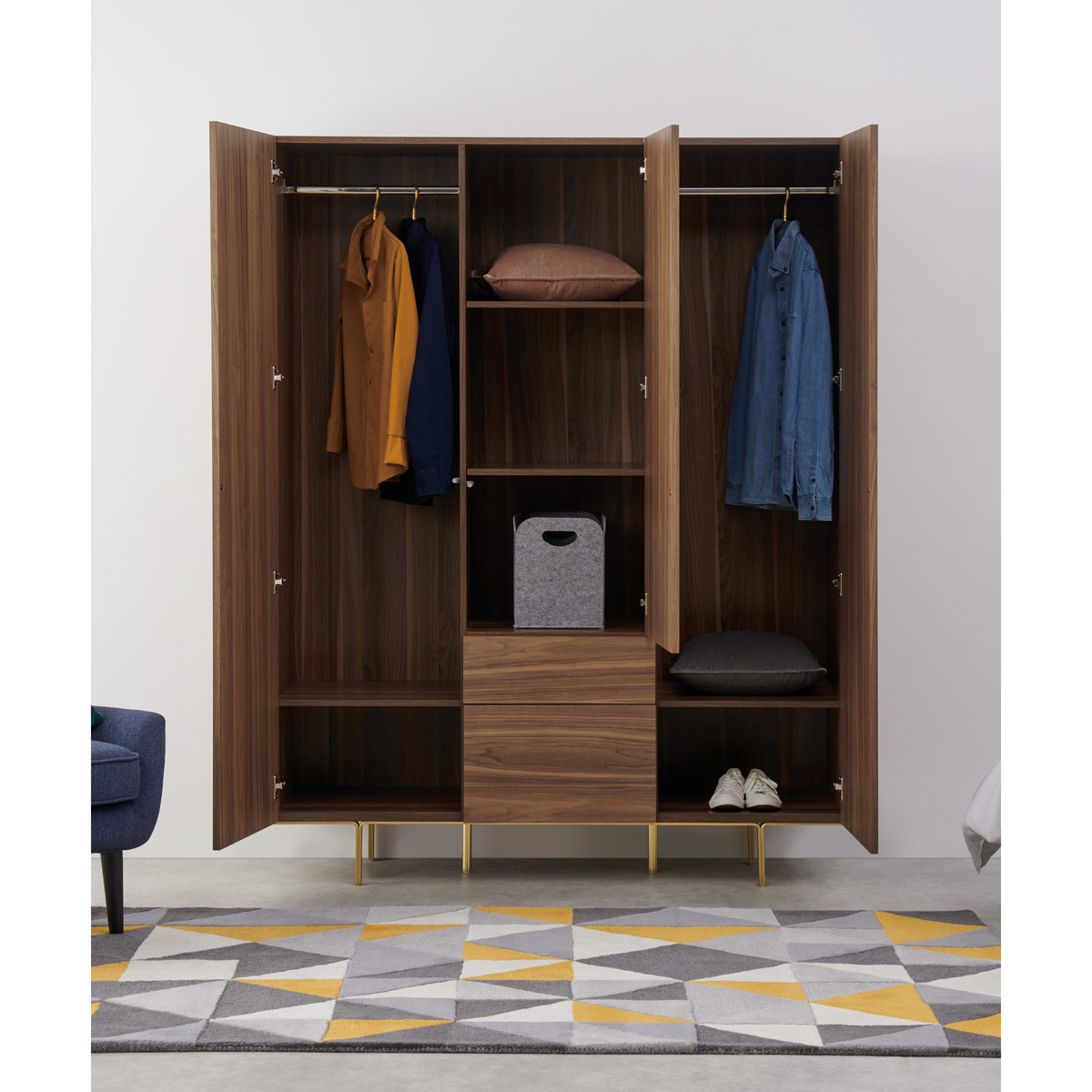 Keaton Triple Wardrobe, Walnut & Brass – image 3