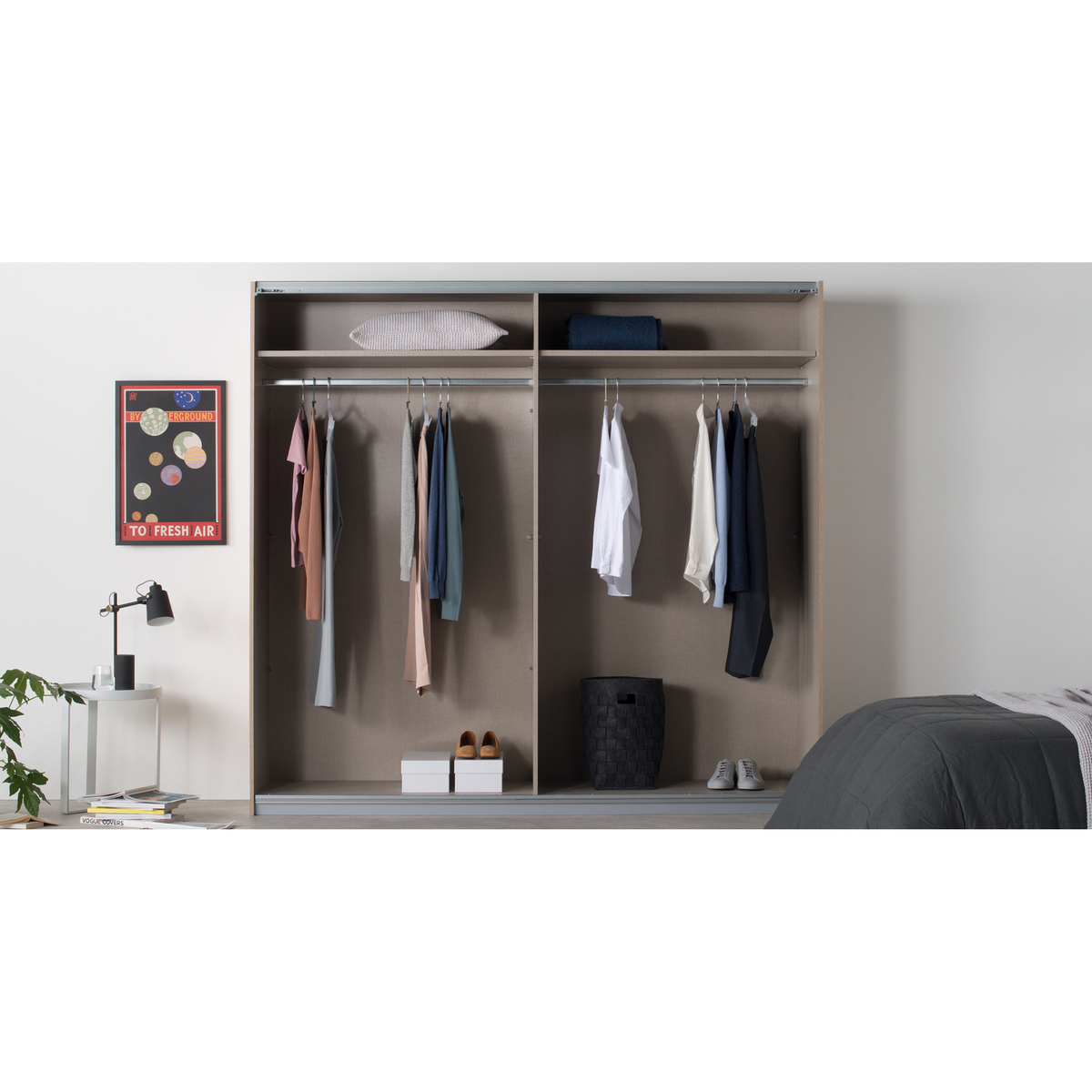 Malix 2 door 225cm Sliding Wardrobe, White frame,Basalt Grey Glass doors, Standard Interior – image 3