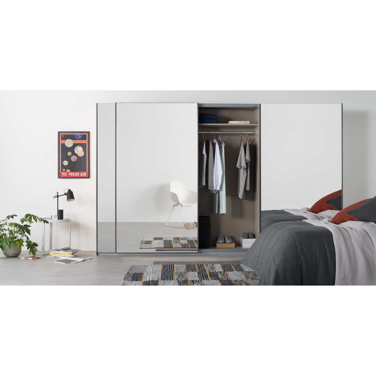 Malix 3 door 270cm Sliding Wardrobe, Graphite Grey frame,Mirror doors, Standard Interior – image 3