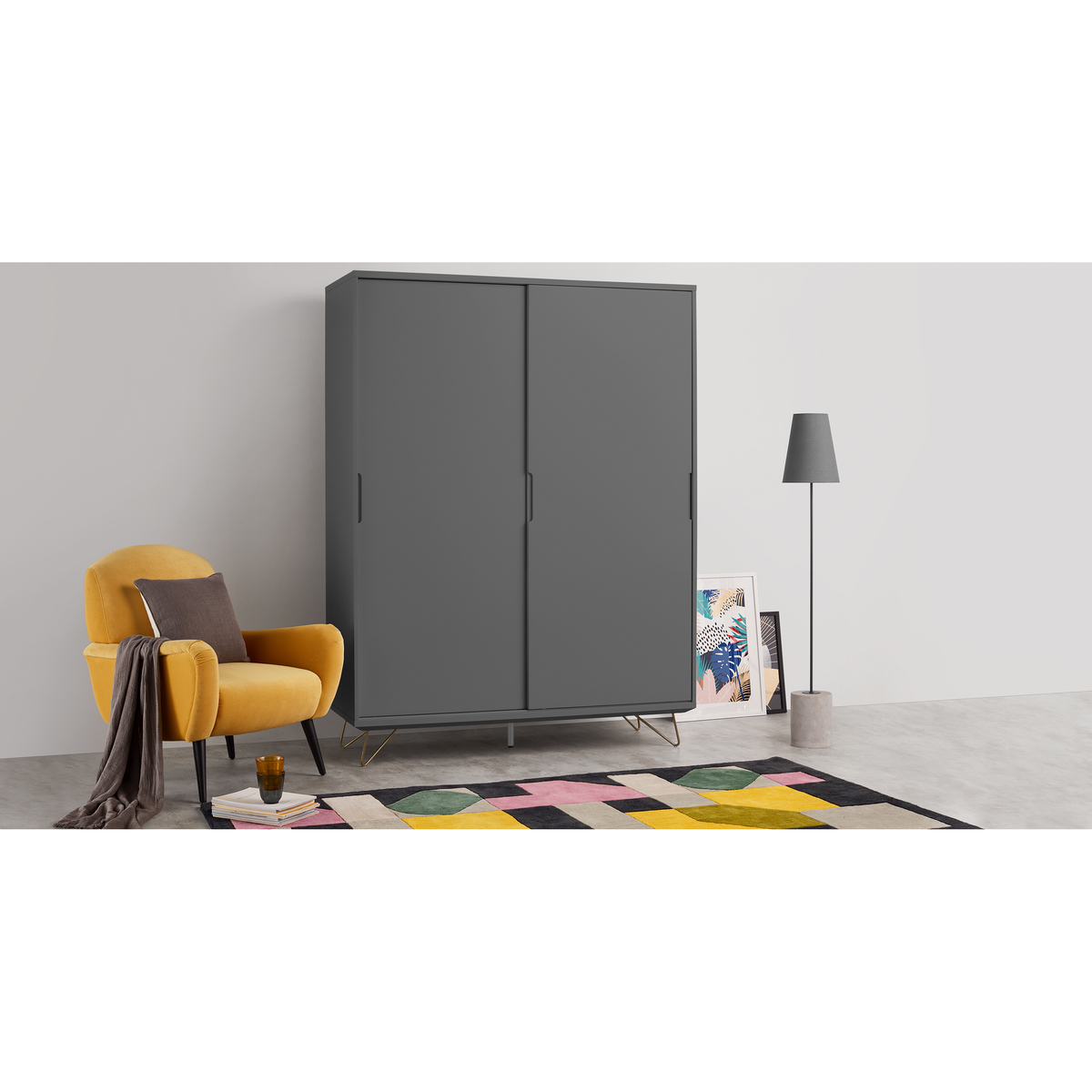 Elona Sliding Wardrobe, Charcoal & Brass – image 2