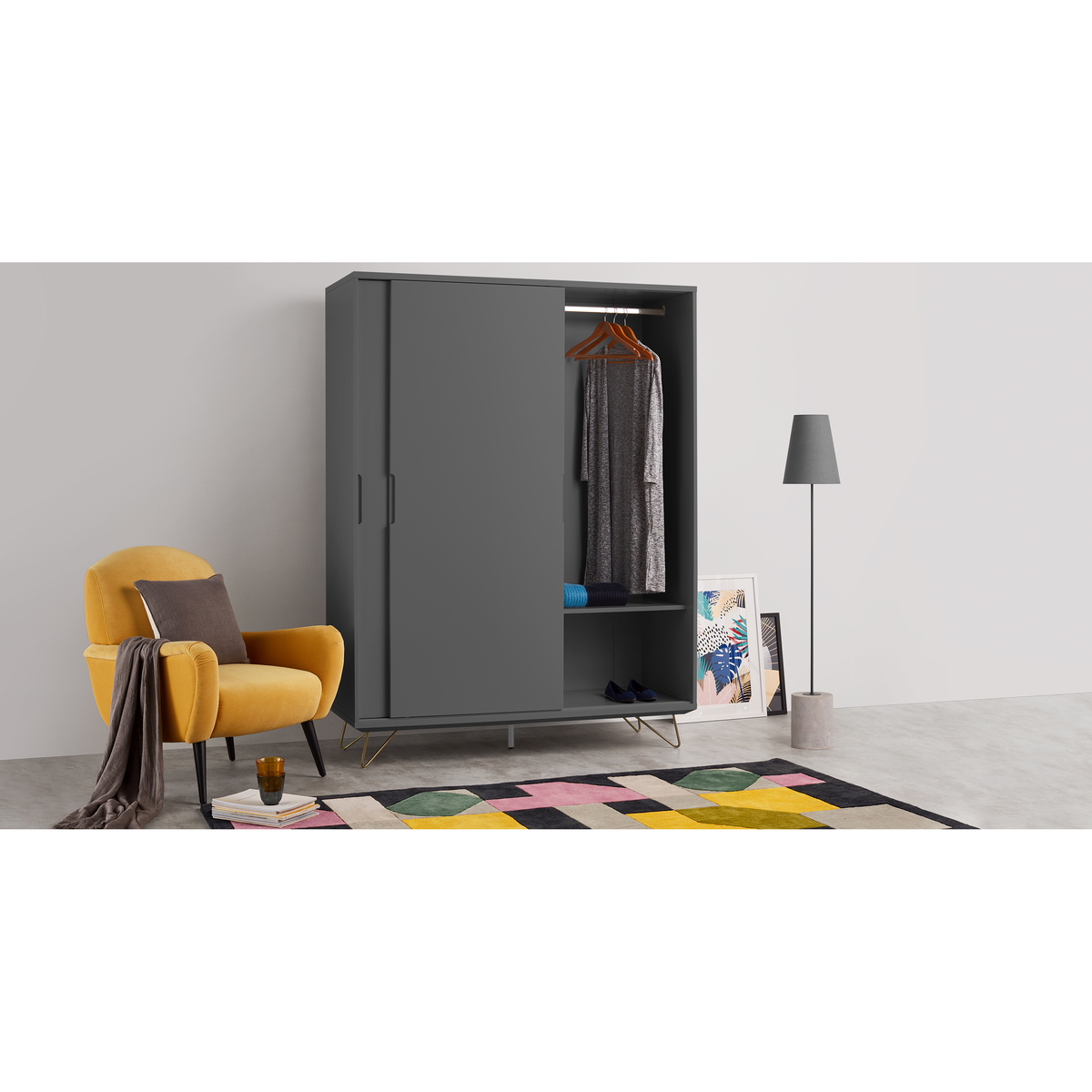 Elona Sliding Wardrobe, Charcoal & Brass – image 5