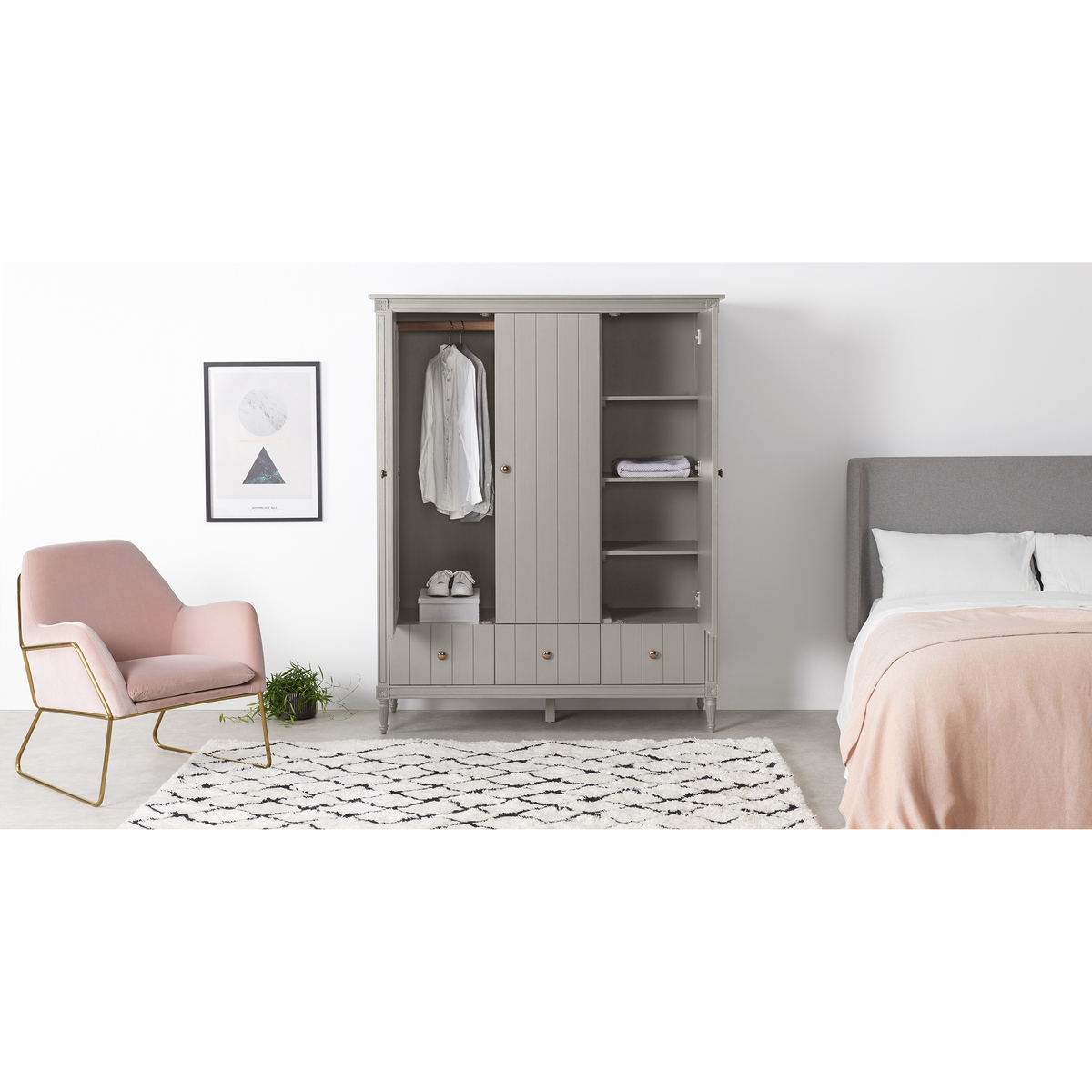 Bourbon Vintage 3 Door Triple Wardrobe, Grey – image 6