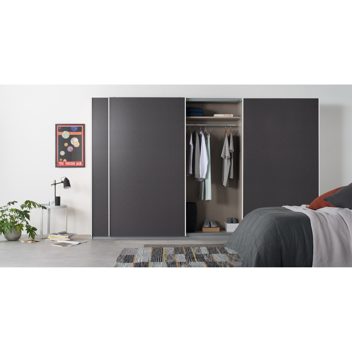 Malix 3 door 270cm Sliding Wardrobe, White frame,matte Graphite Grey doors , Premium Interior – image 2