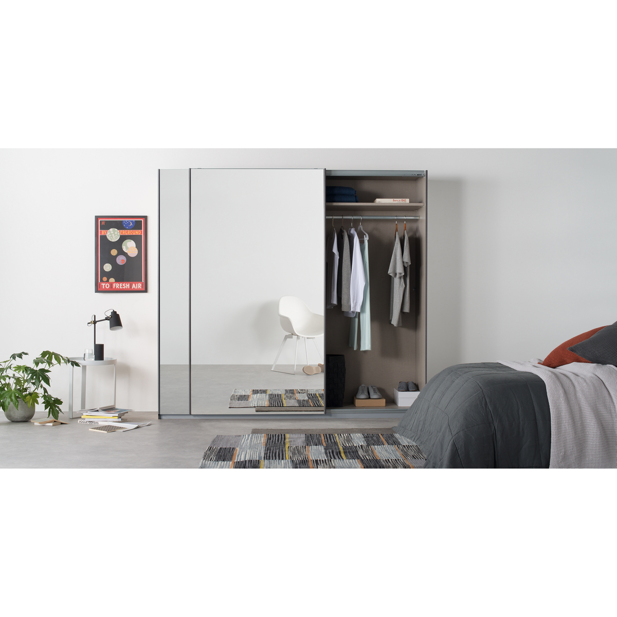 Malix 2 door 181cm Sliding Wardrobe, Graphite Grey frame,Mirror doors , Premium Interior – image 2