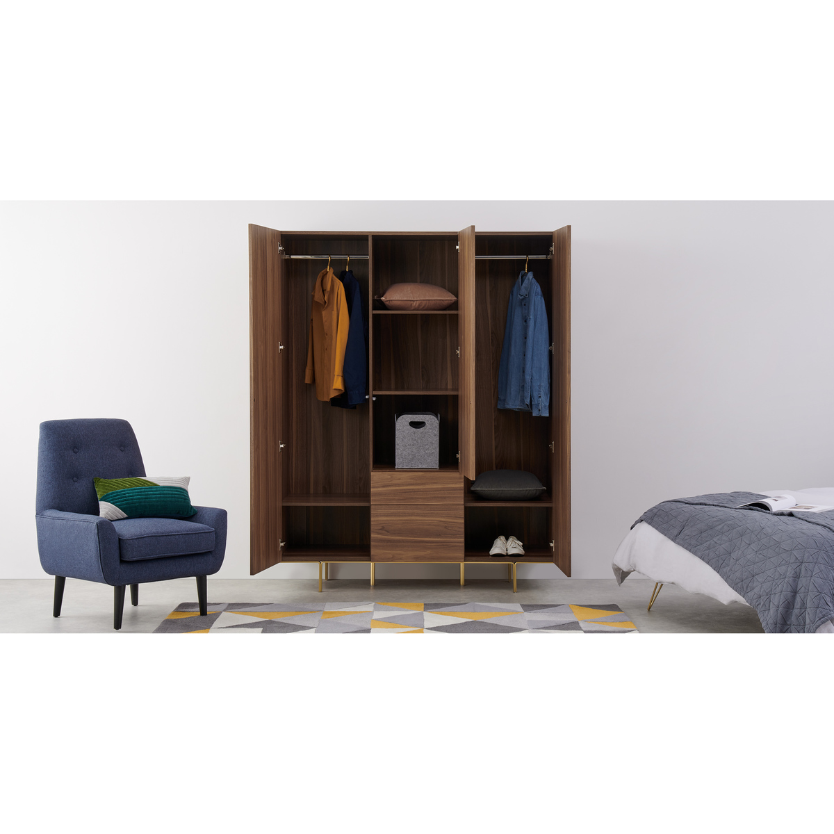 Keaton 3 Door Wardrobe, Walnut & Brass – image 2