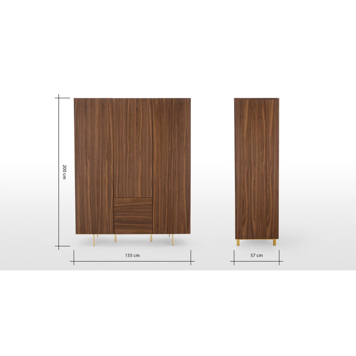 Keaton 3 Door Wardrobe, Walnut & Brass – image 7