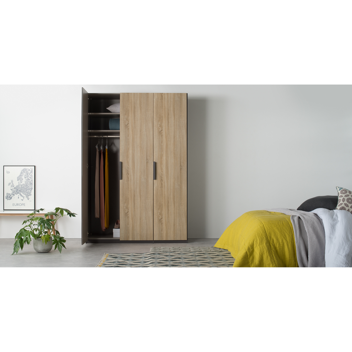 Caren 3 door 150cm Hinged Wardrobe, Graphite Grey Frame, Oak Doors, Standard Interior – image 2
