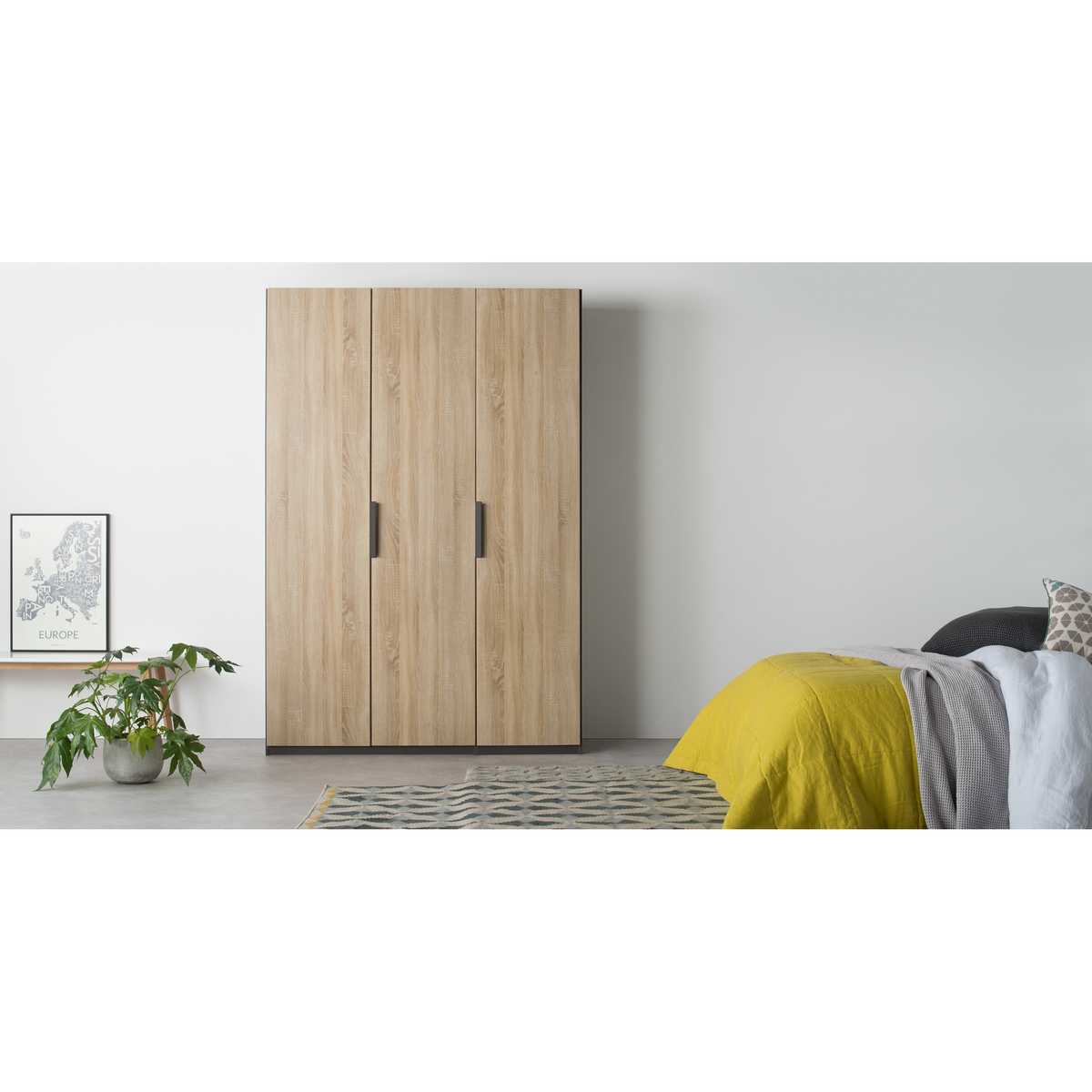 Caren 3 door 150cm Hinged Wardrobe, Graphite Grey Frame, Oak Doors, Standard Interior – image 3