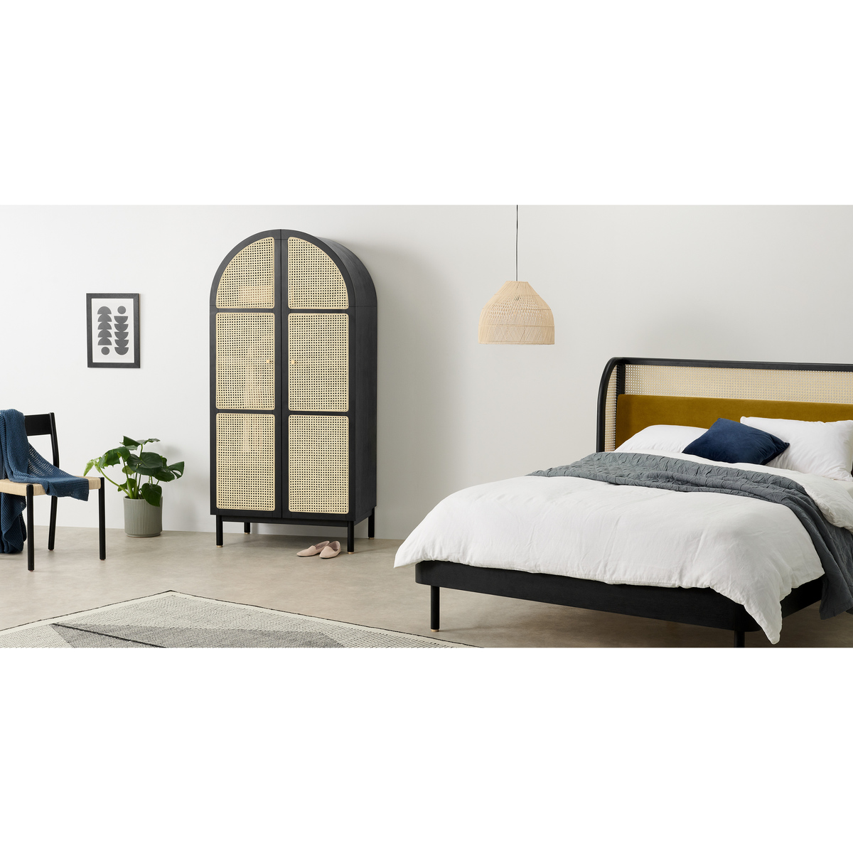 Ankhara Double Wardrobe, Rattan & Black Stain Oak – image 4