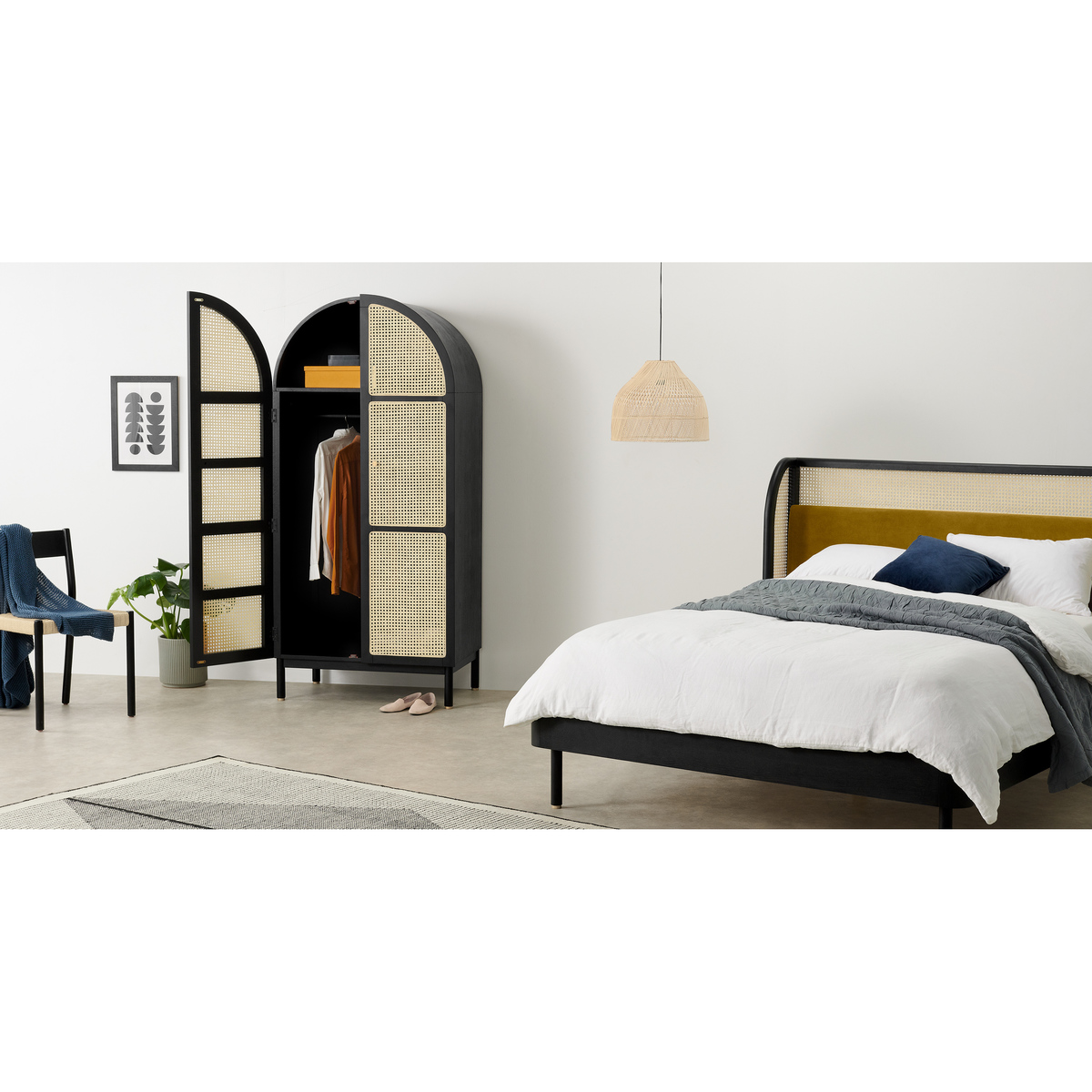 Ankhara Double Wardrobe, Rattan & Black Stain Oak – image 8