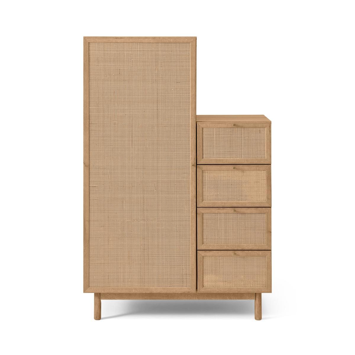 Pavia Single Wardrobe with Drawers, Natural Rattan & Oak Effect – image 2