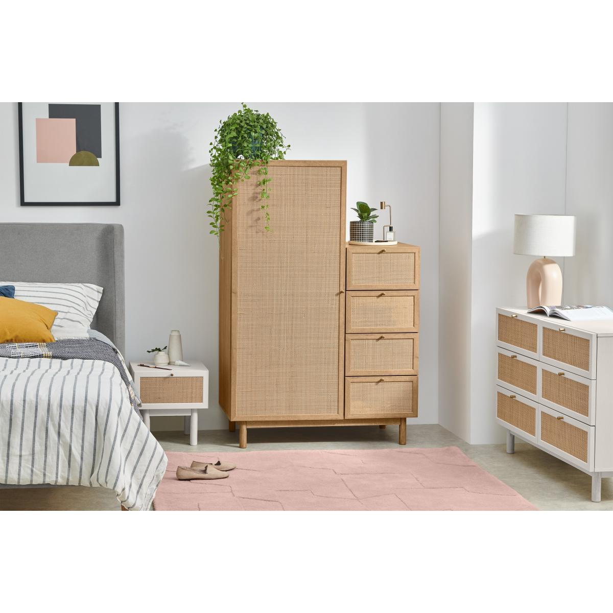 Pavia Single Wardrobe with Drawers, Natural Rattan & Oak Effect – image 4