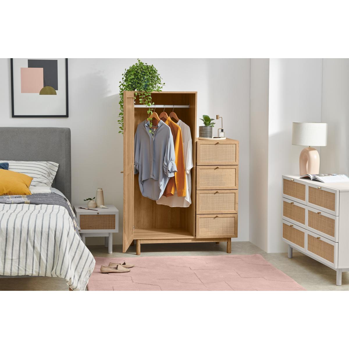 Pavia Single Wardrobe with Drawers, Natural Rattan & Oak Effect – image 5