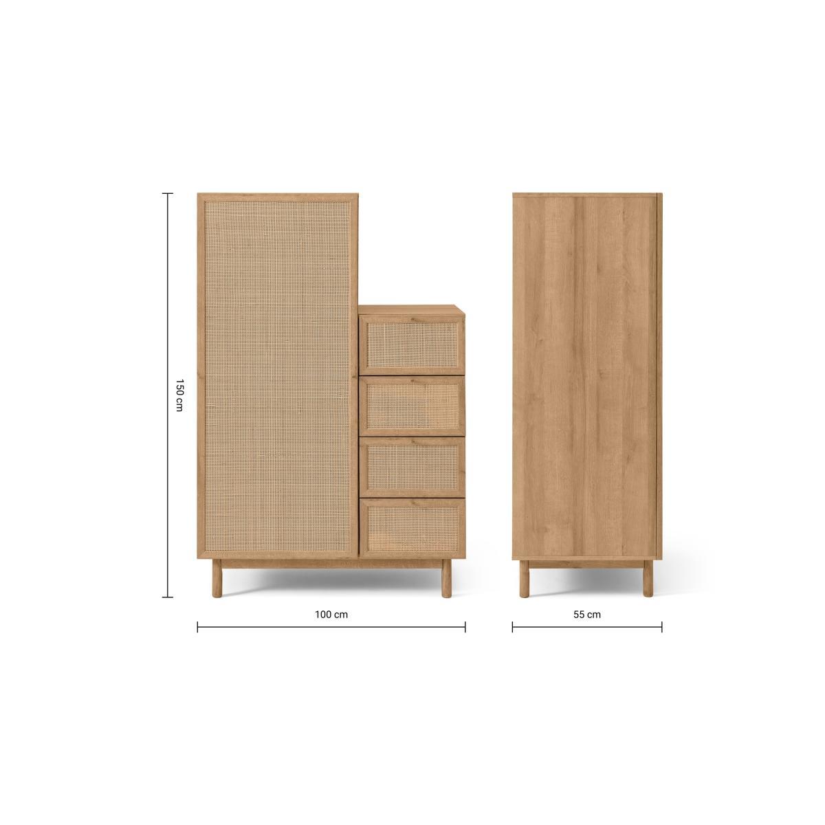 Pavia Single Wardrobe with Drawers, Natural Rattan & Oak Effect – image 10