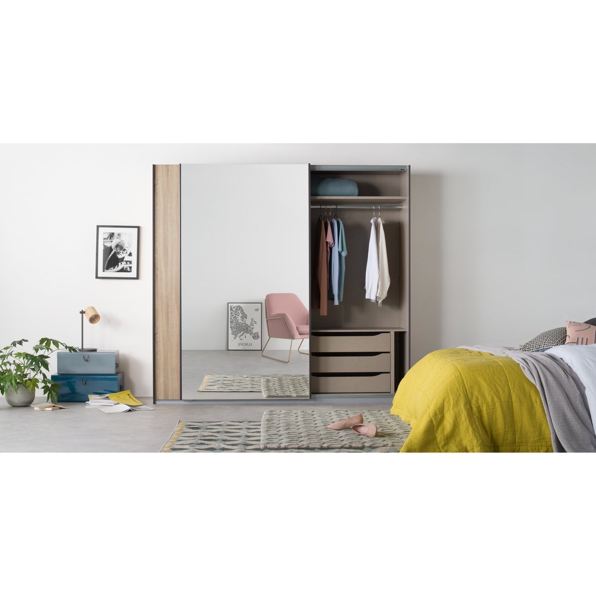 Malix 2 door 225cm Sliding Wardrobe, Graphite Grey frame,Oak & Mirror doors , Premium Interior – image 2