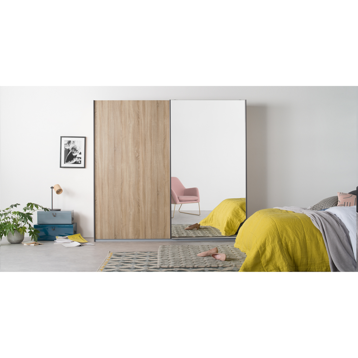 Malix 2 door 225cm Sliding Wardrobe, Graphite Grey frame,Oak & Mirror doors , Premium Interior – image 4