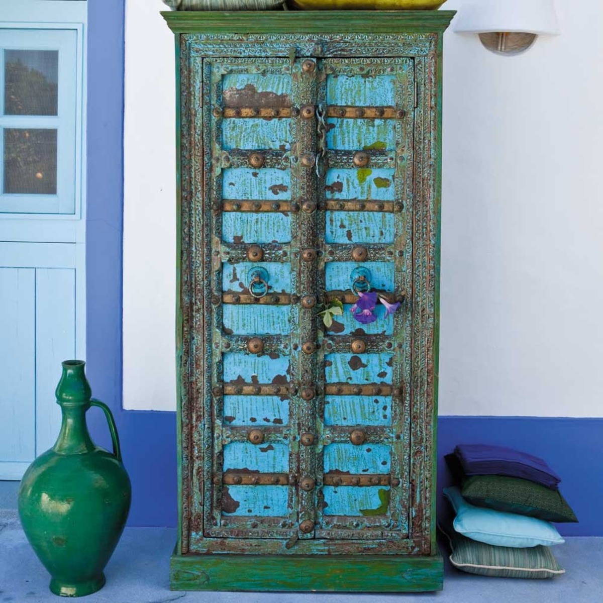 Solid mango wood Indian wardrobe in blue with distressed finish W 90cm Madras – image 8