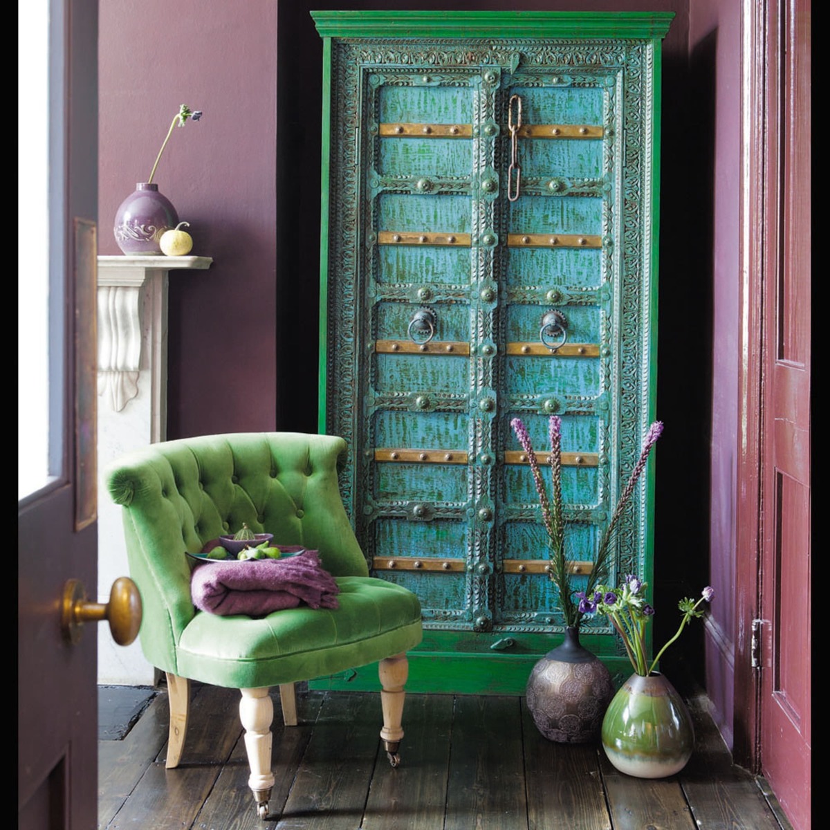 Solid mango wood Indian wardrobe in blue with distressed finish W 90cm Madras – image 9