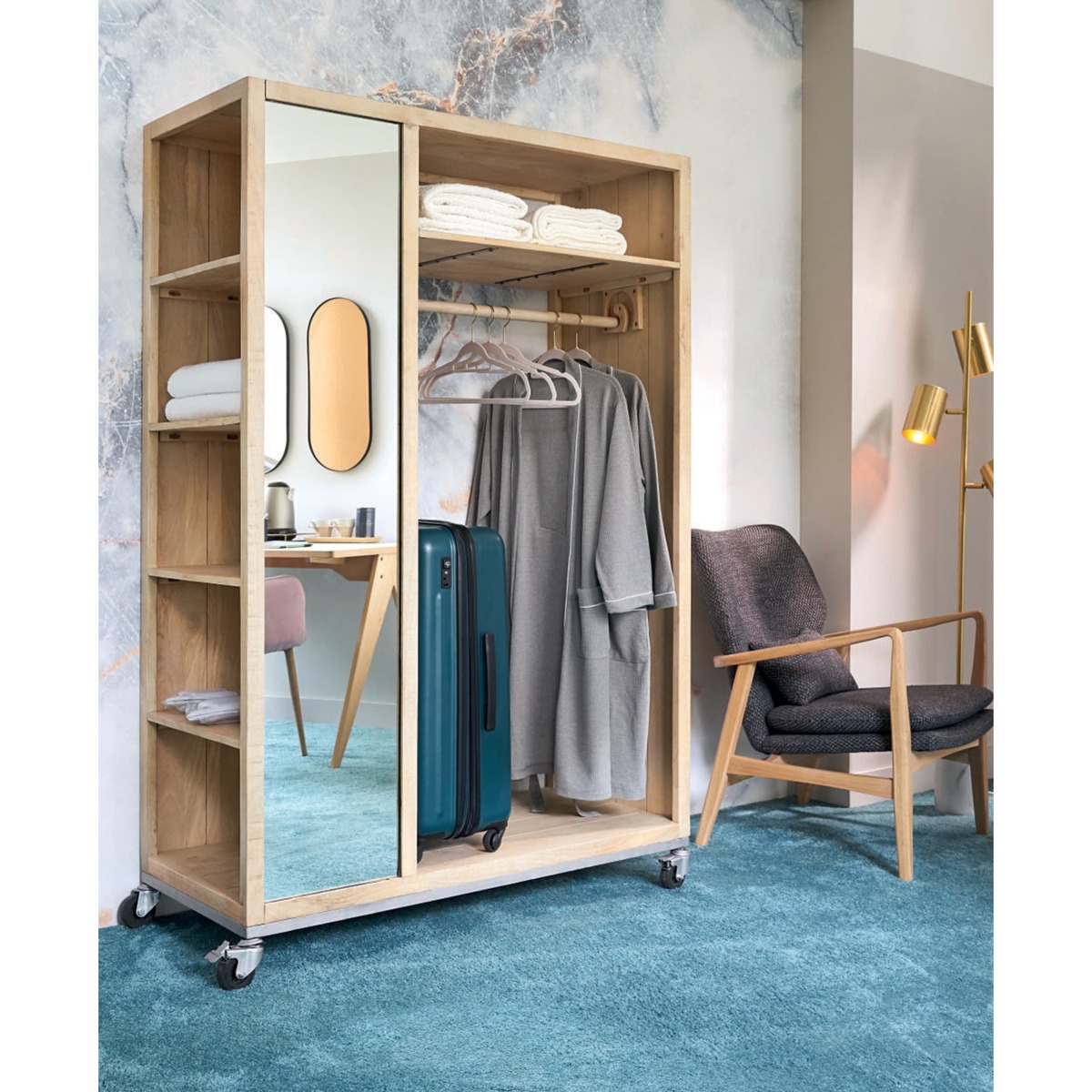 Mango Wood Wardrobe on Casters 1 Mirror Farmers pro – image 7