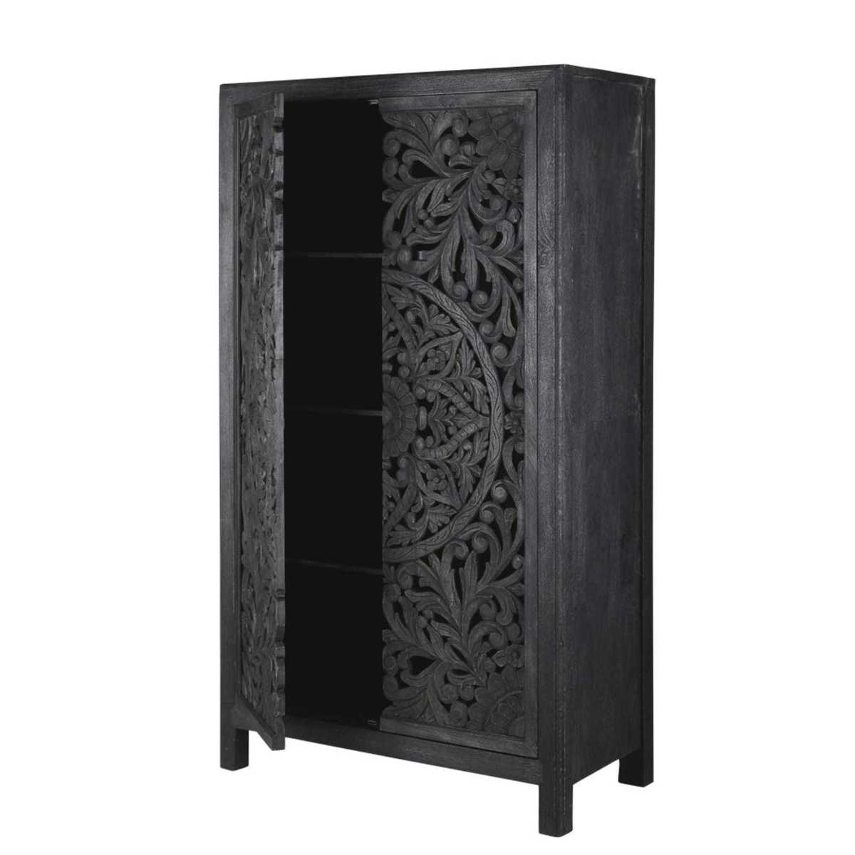 Blue-Black Carved Solid Mango Wood 2-Door Wardrobe Kerala – image 3