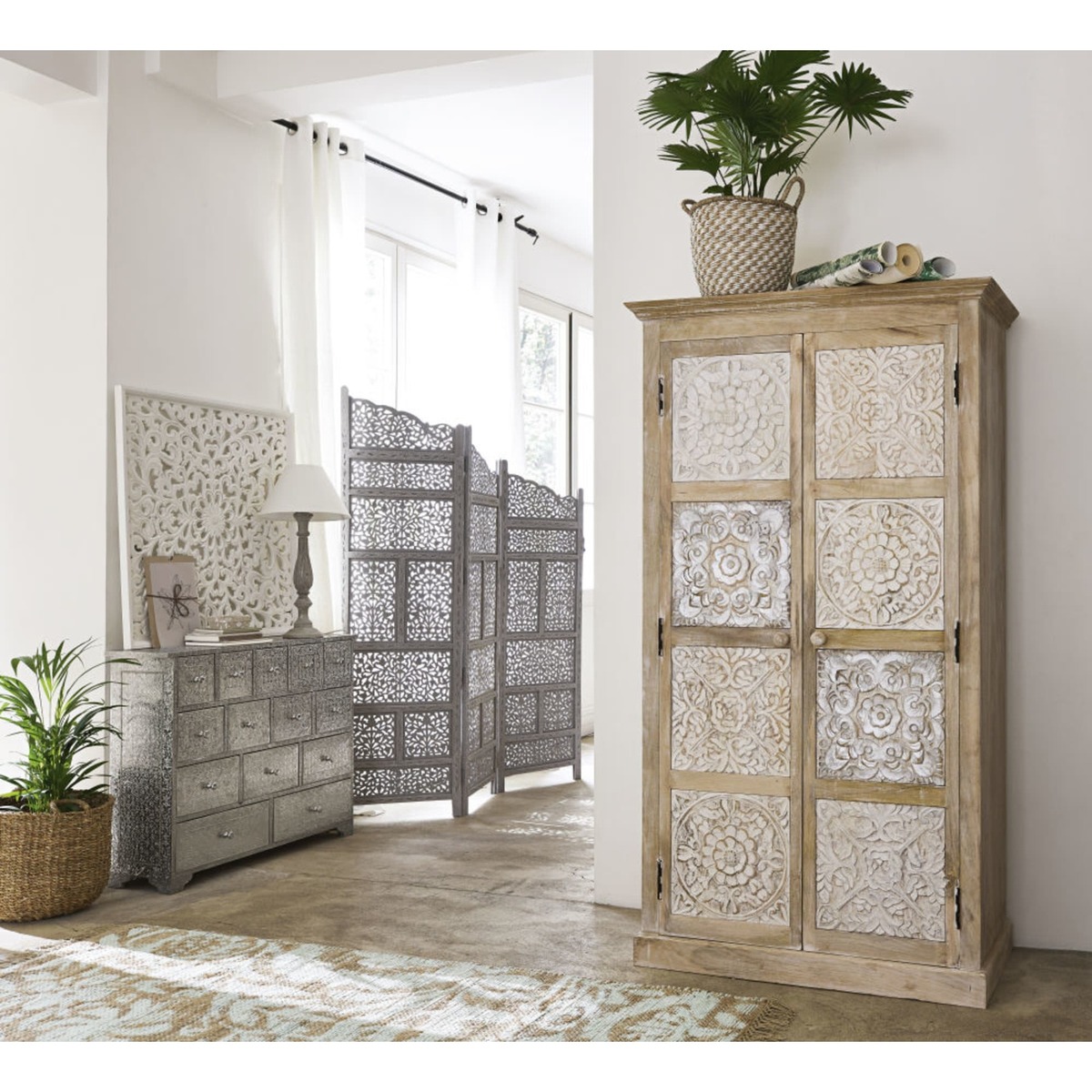 Solid mango wood wardrobe in white and silver W 100cm Annapurna – image 4