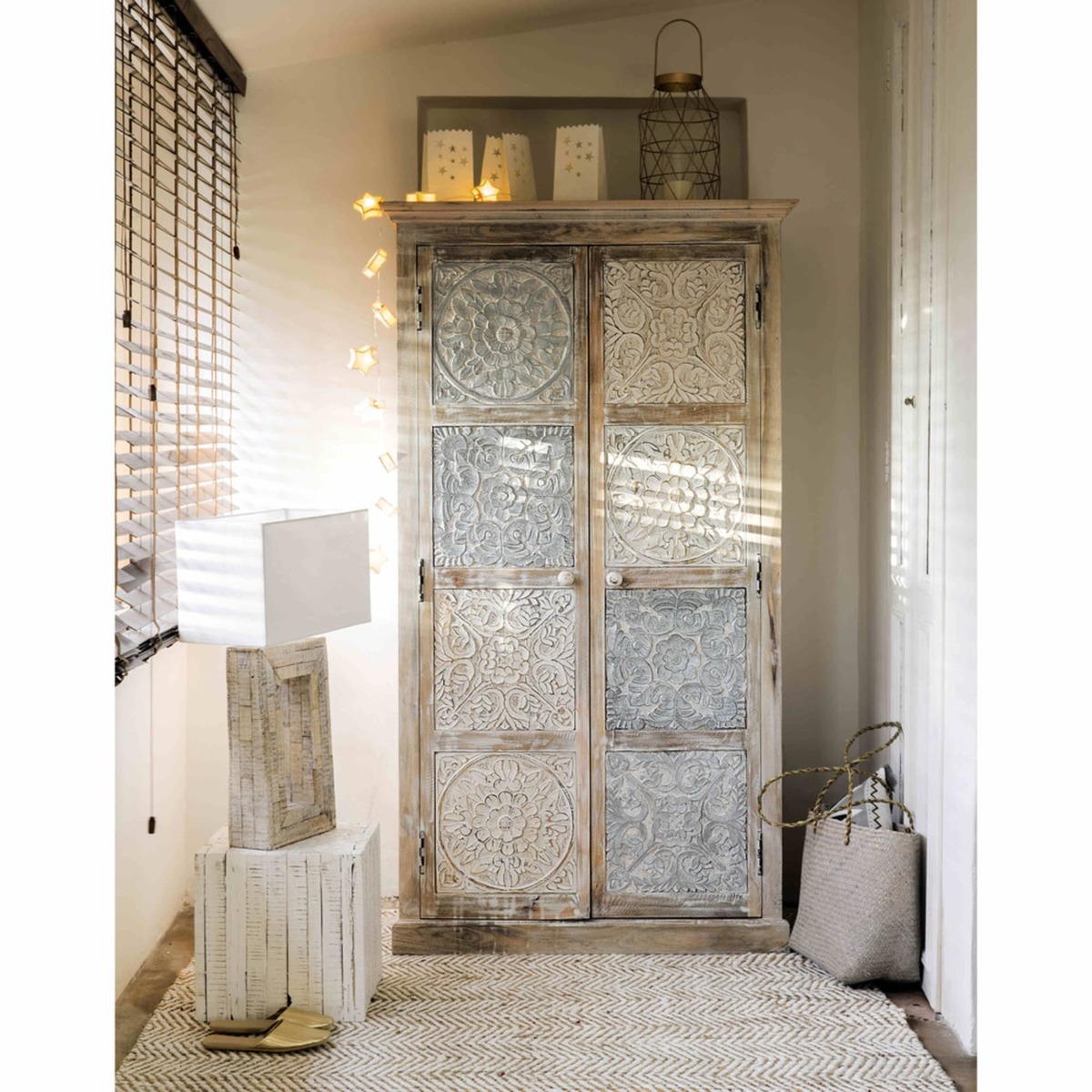 Solid mango wood wardrobe in white and silver W 100cm Annapurna – image 7