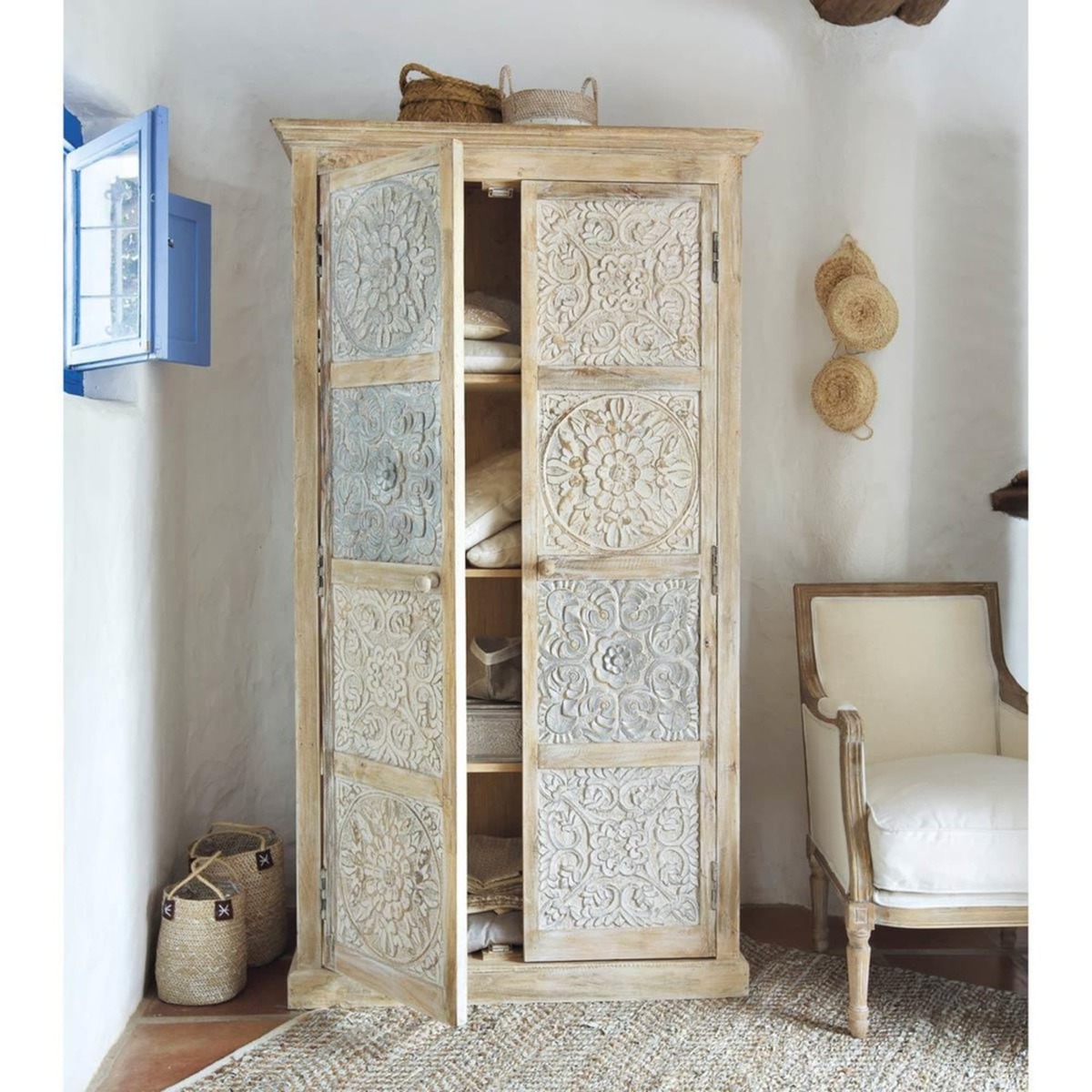 Solid mango wood wardrobe in white and silver W 100cm Annapurna – image 8