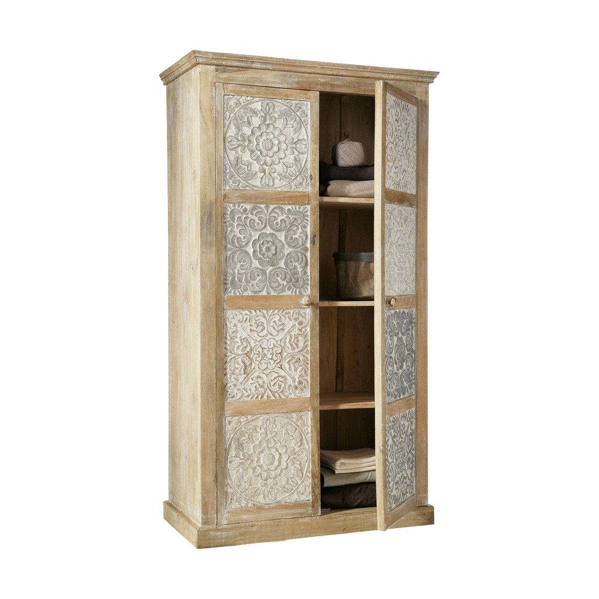 Solid mango wood wardrobe in white and silver W 100cm Annapurna – image 2