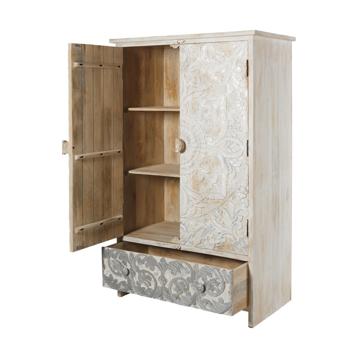 Solid mango wood wardrobe in white and silver Namaste – image 2