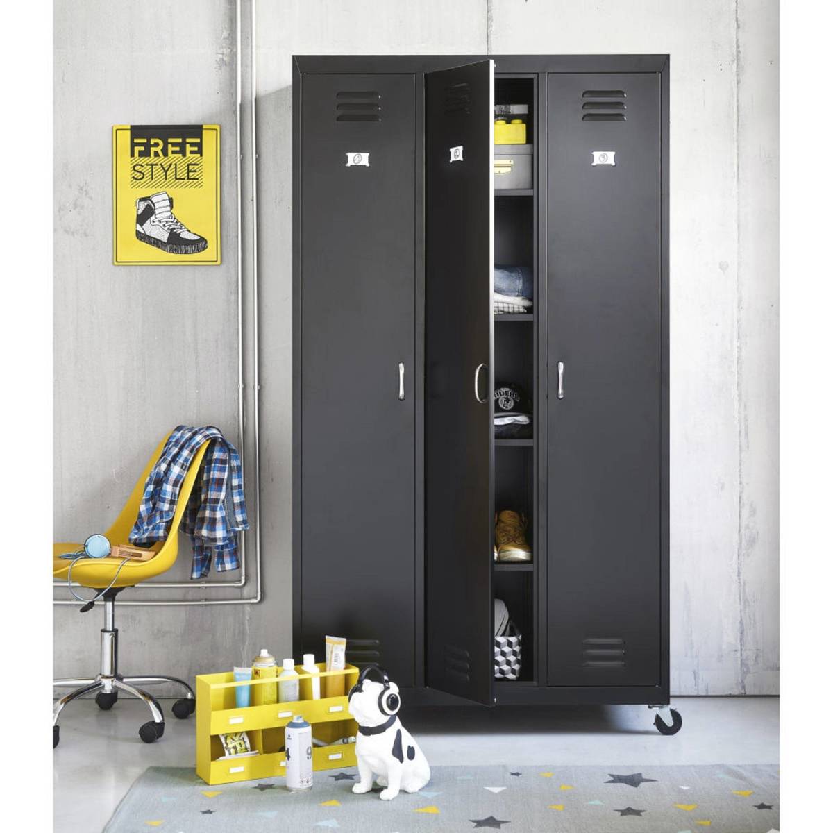 Black Metal 3-Doors Wardrobe on Wheels Loft – image 6