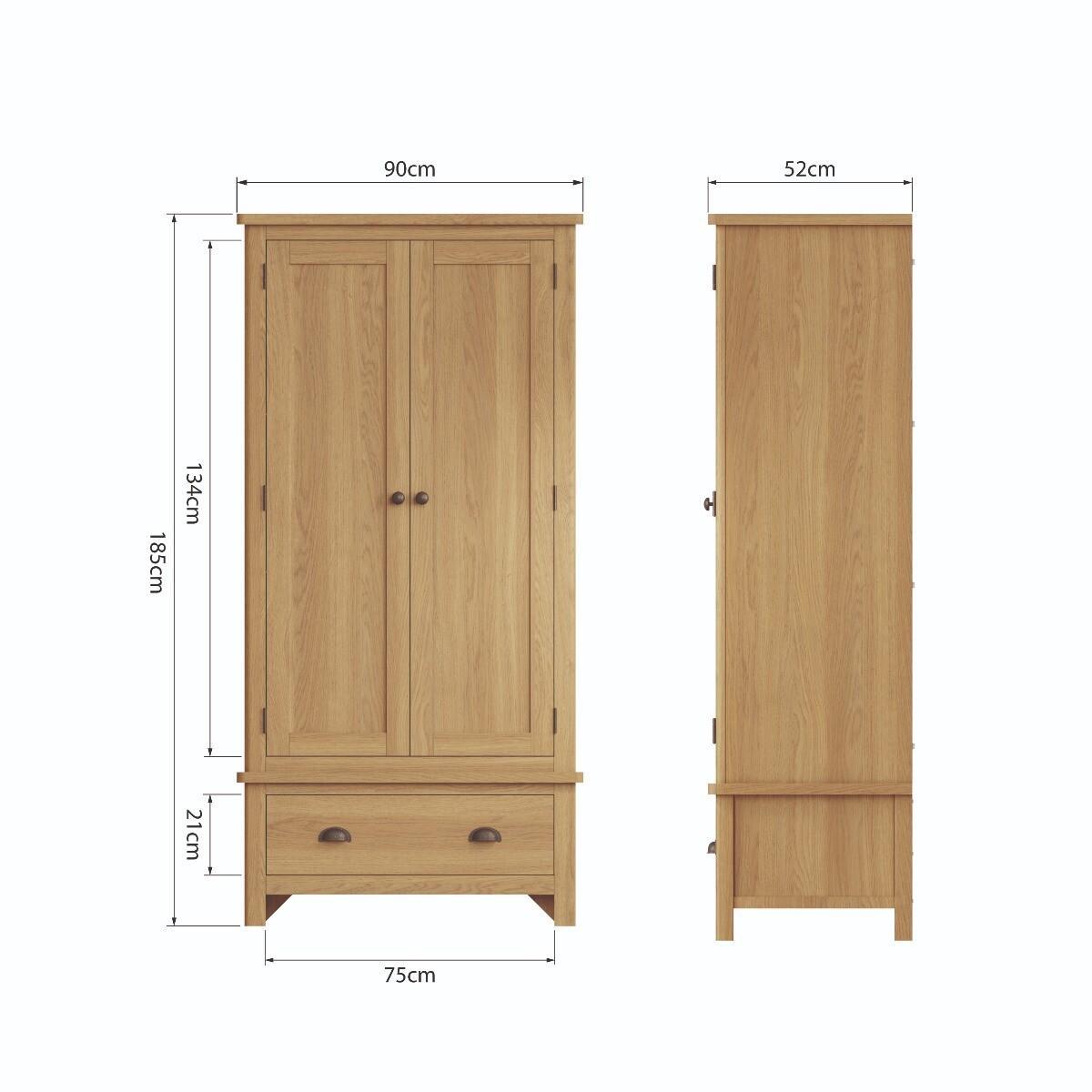 Noah Oak 2 Door 1 Drawer Wardrobe – image 9