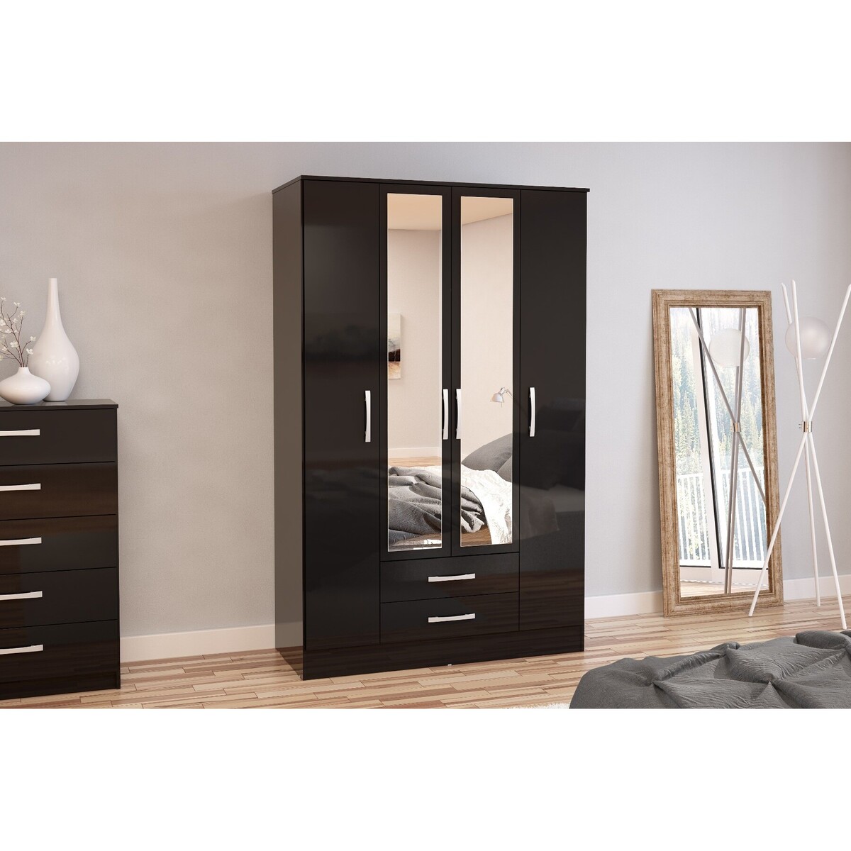 Adalee Black 4 Door 2 Drawer Wardrobe with Mirror – image 3
