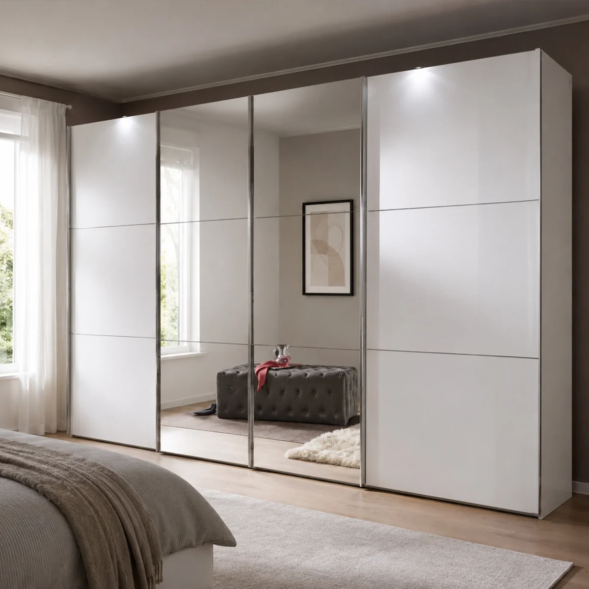 Escape 300cm 4 Door Mirrored Sliding Wardrobe in Matt White - White – image 1