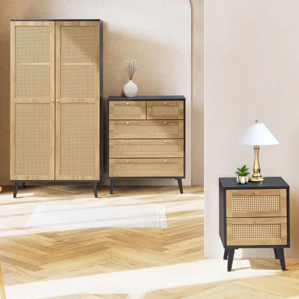 Manila Rattan 2 Door Wardrobe 3 Piece Bedroom Set with 3 and 2 Drawer Chest - Black