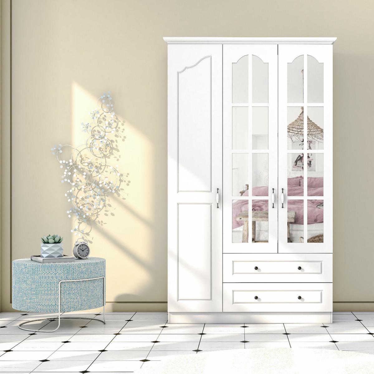DIANA  3 Door 2 Drawer Mirrored Wardrobe, White - White – image 2
