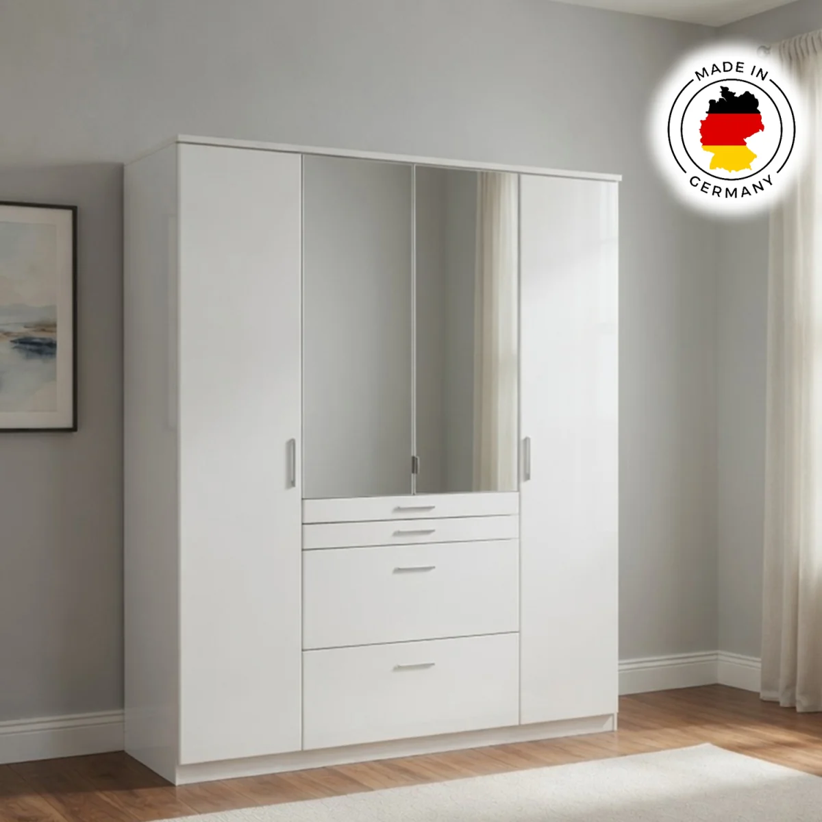 Aachen Matt White 4 Door 180cm Wardrobe with Mirror - White – image 2
