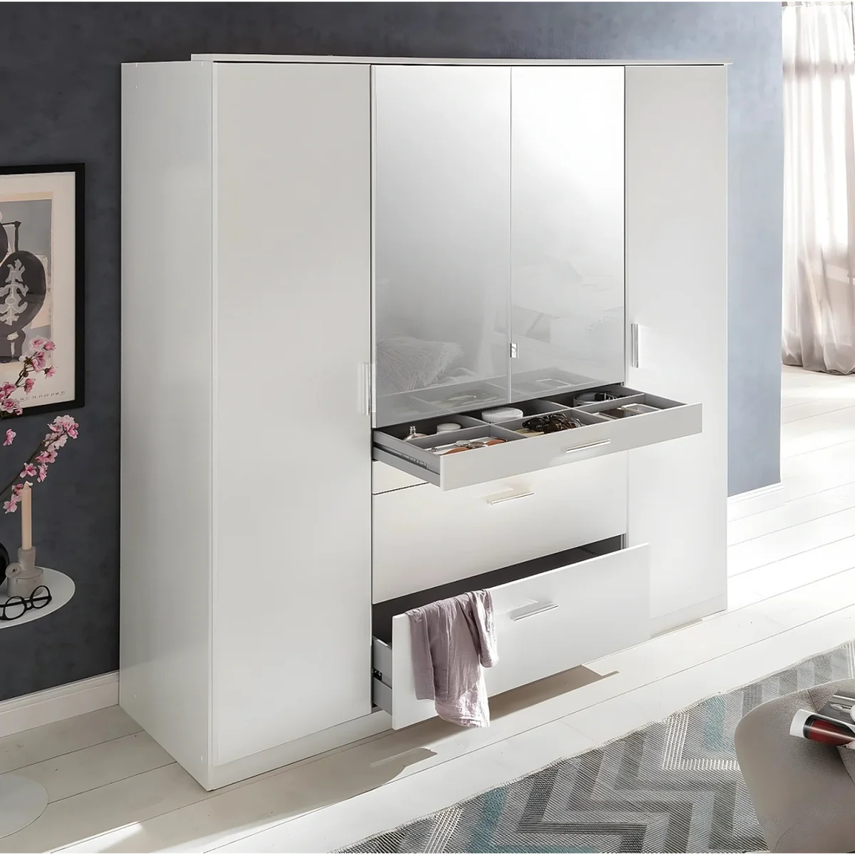 Aachen Matt White 4 Door 180cm Wardrobe with Mirror - White – image 3
