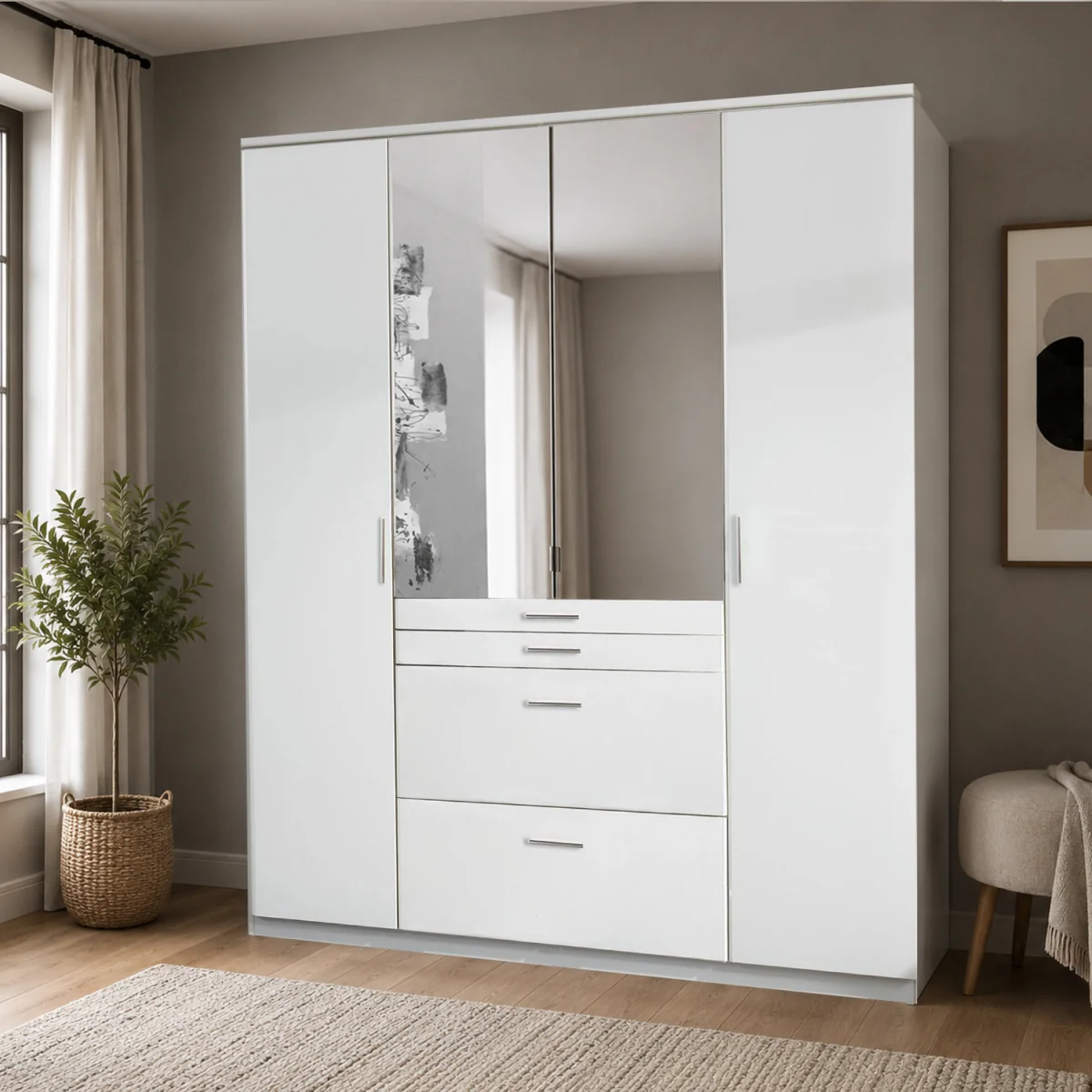 Aachen Matt White 4 Door 180cm Wardrobe with Mirror - White – image 1