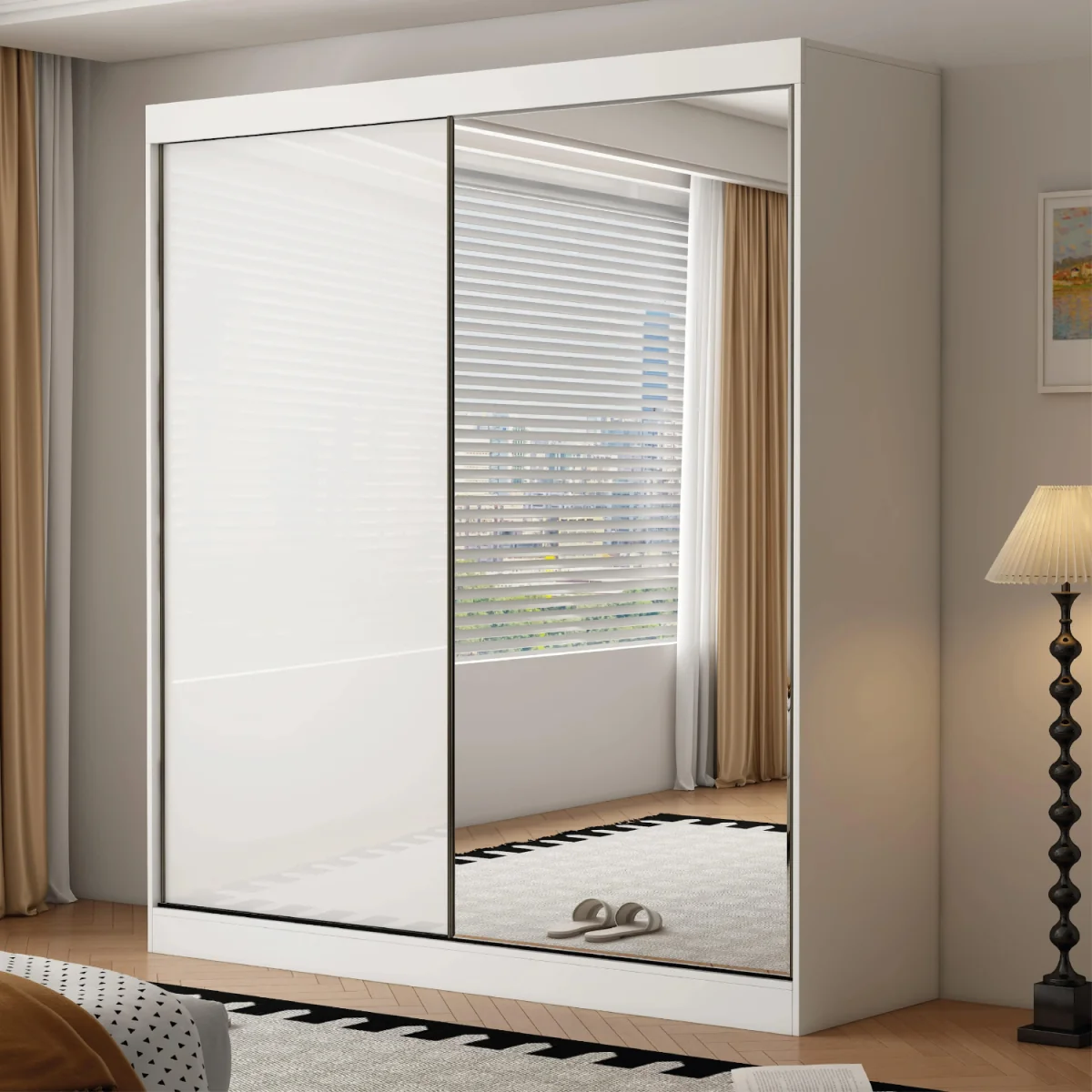 Pacific 200cm Gloss White Sliding Door Wardrobe with Mirror - White – image 2