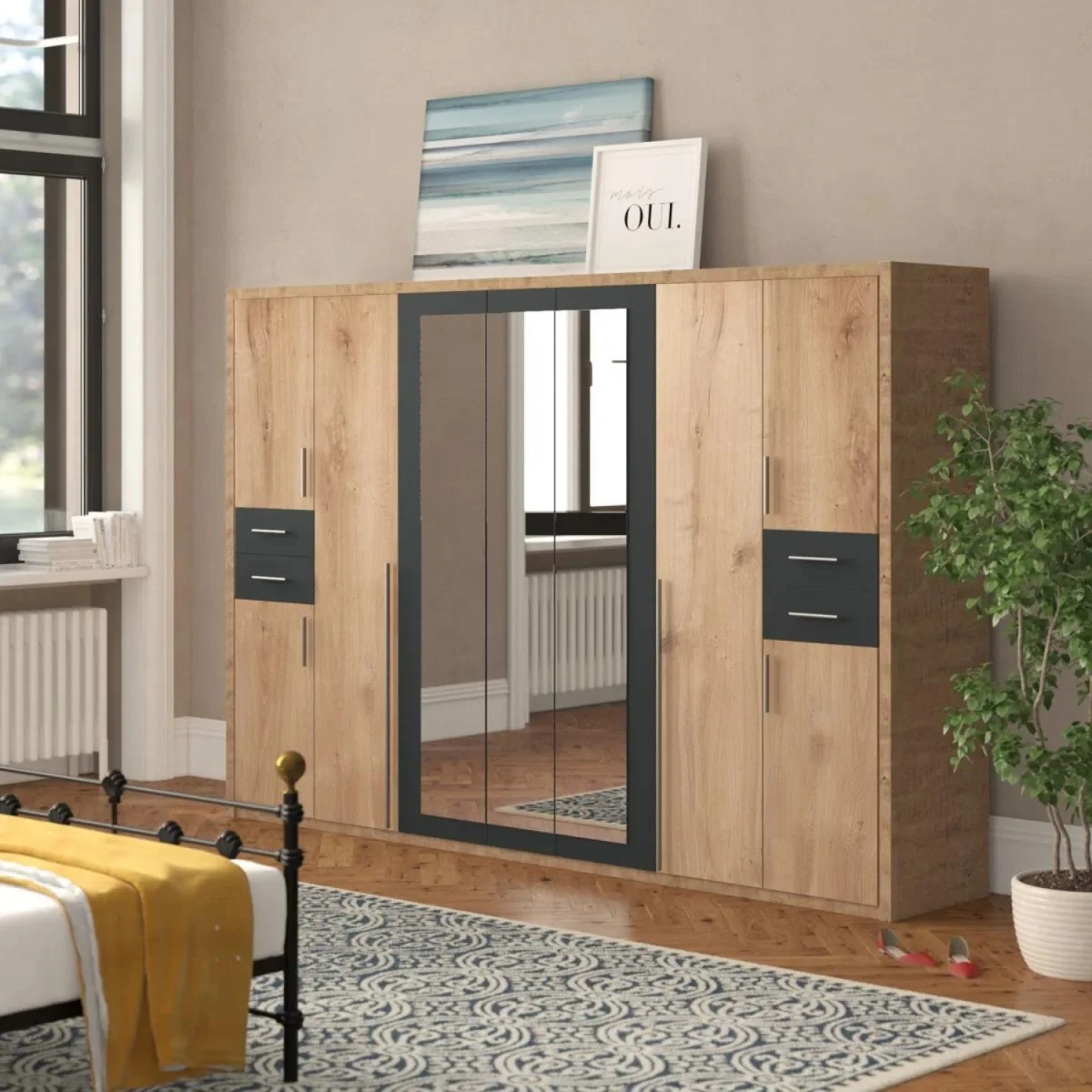 Vegas 9 Door Wardrobe with 3 Mirrors and 4 Drawers - Oak – image 3