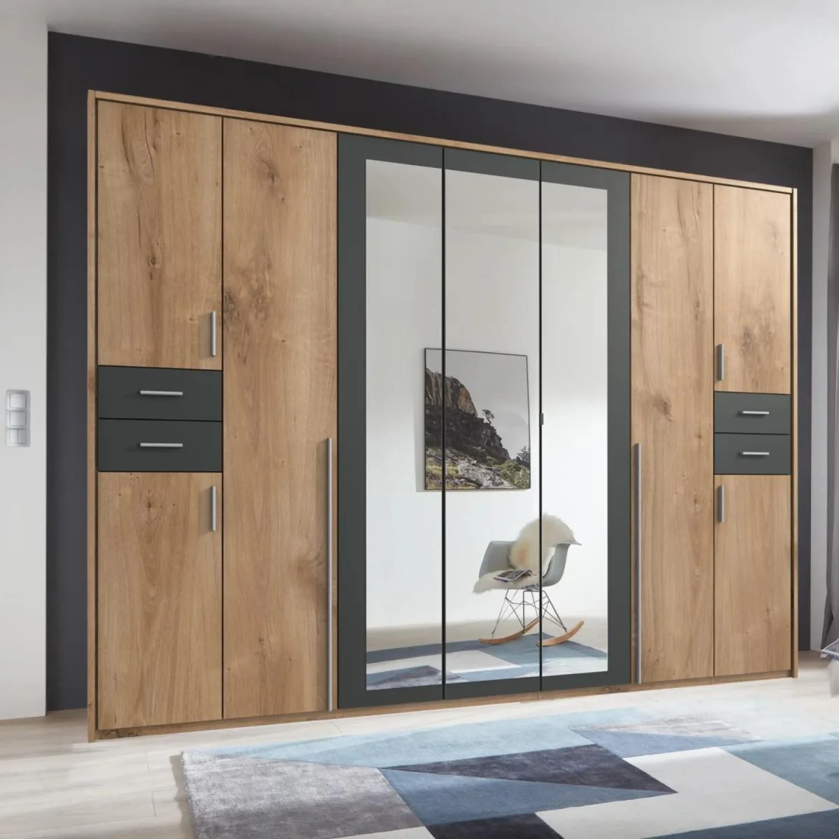 Vegas 9 Door Wardrobe with 3 Mirrors and 4 Drawers - Oak – image 4
