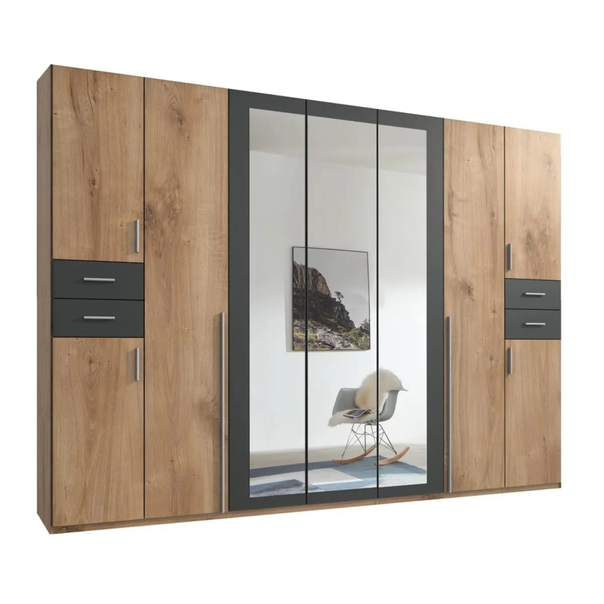 Vegas 9 Door Wardrobe with 3 Mirrors and 4 Drawers - Oak – image 5