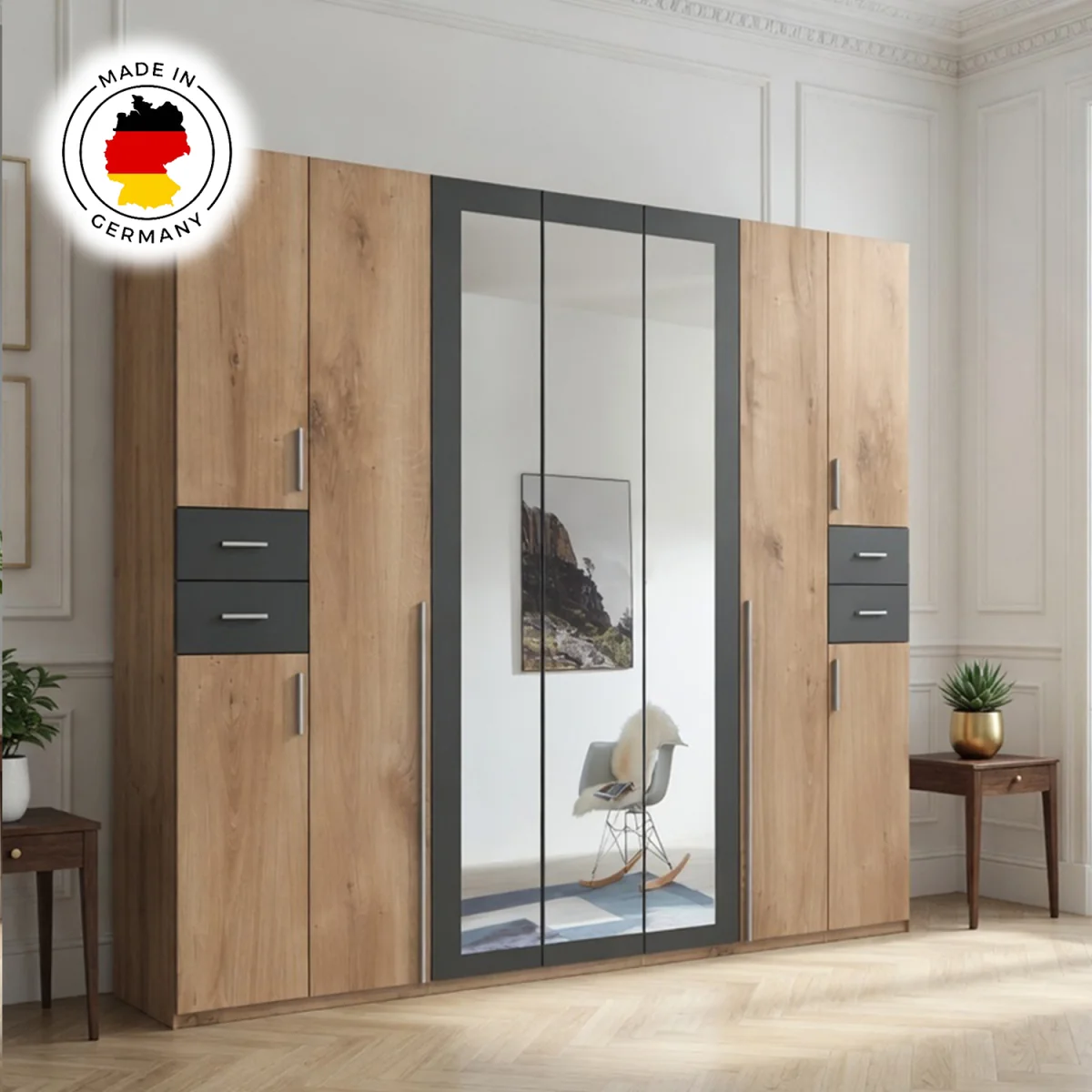 Vegas 9 Door Wardrobe with 3 Mirrors and 4 Drawers - Oak – image 6