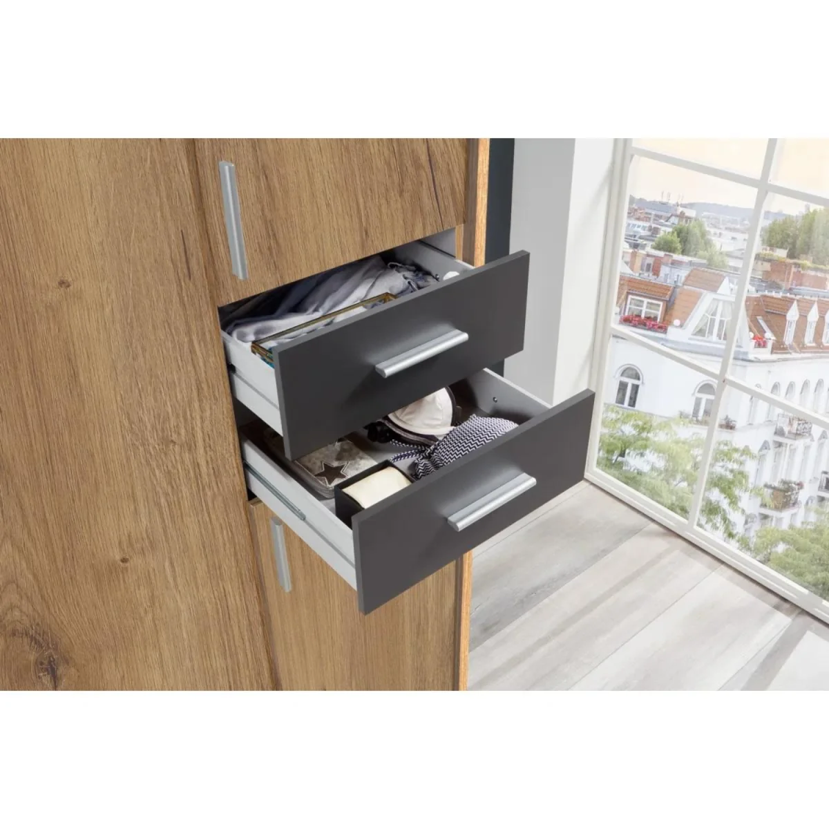 Vegas 9 Door Wardrobe with 3 Mirrors and 4 Drawers - Oak – image 7