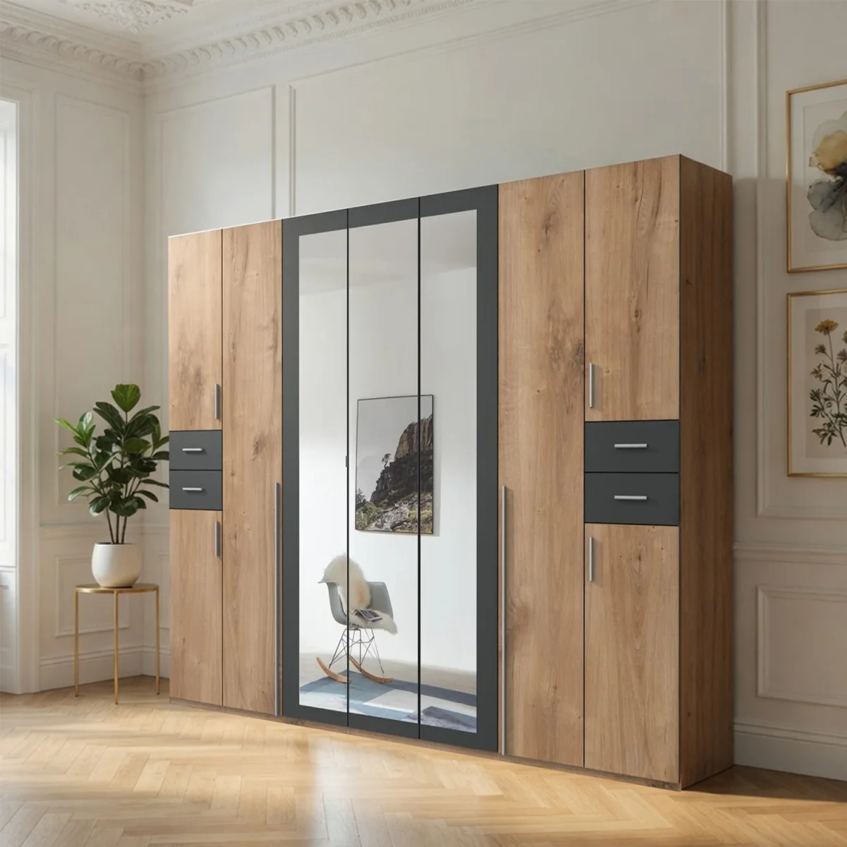 Vegas 9 Door Wardrobe with 3 Mirrors and 4 Drawers - Oak – image 1