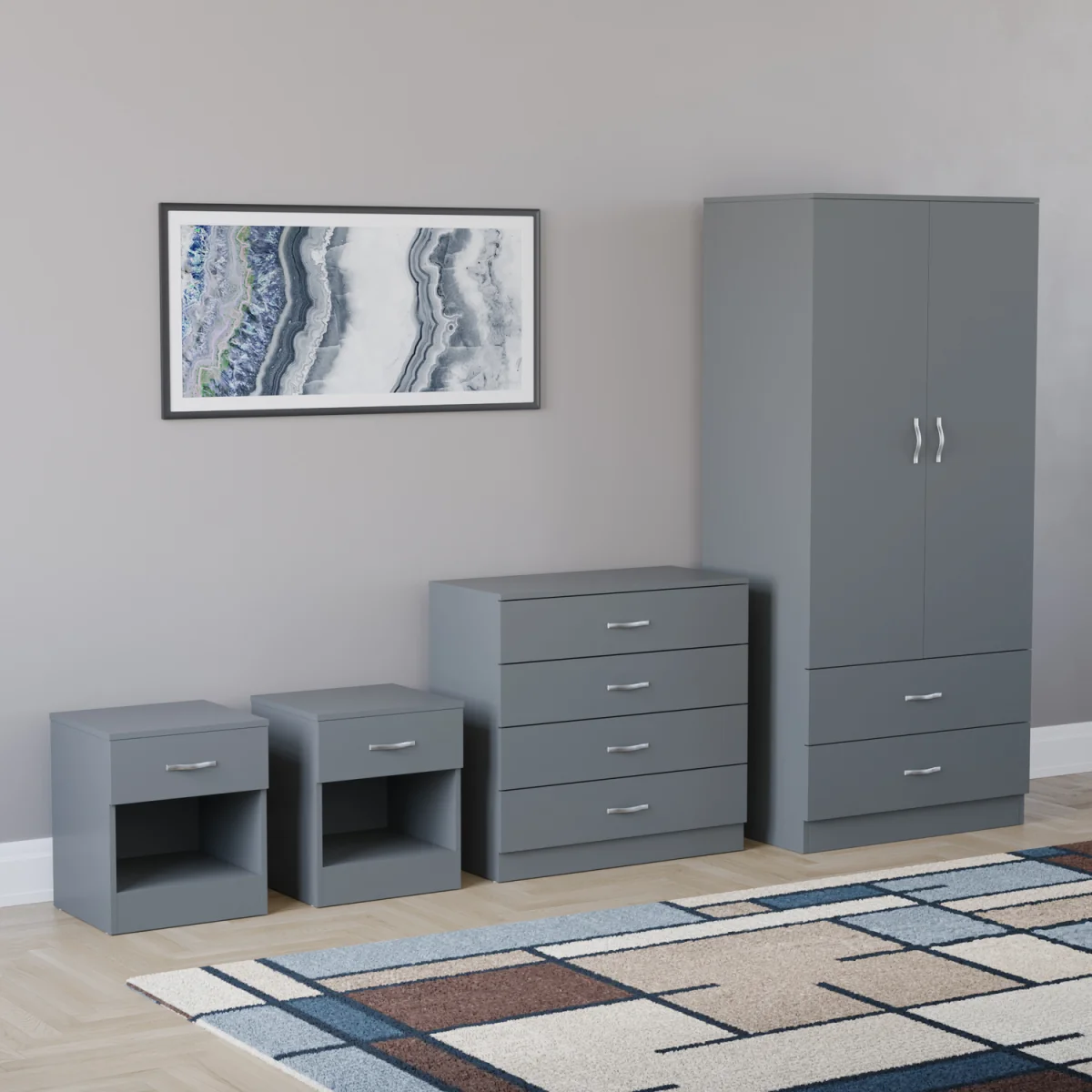 Vida Designs Riano 4 Piece Bedroom Set (2x Bedside, Wardrobe, Chest) - Grey – image 1