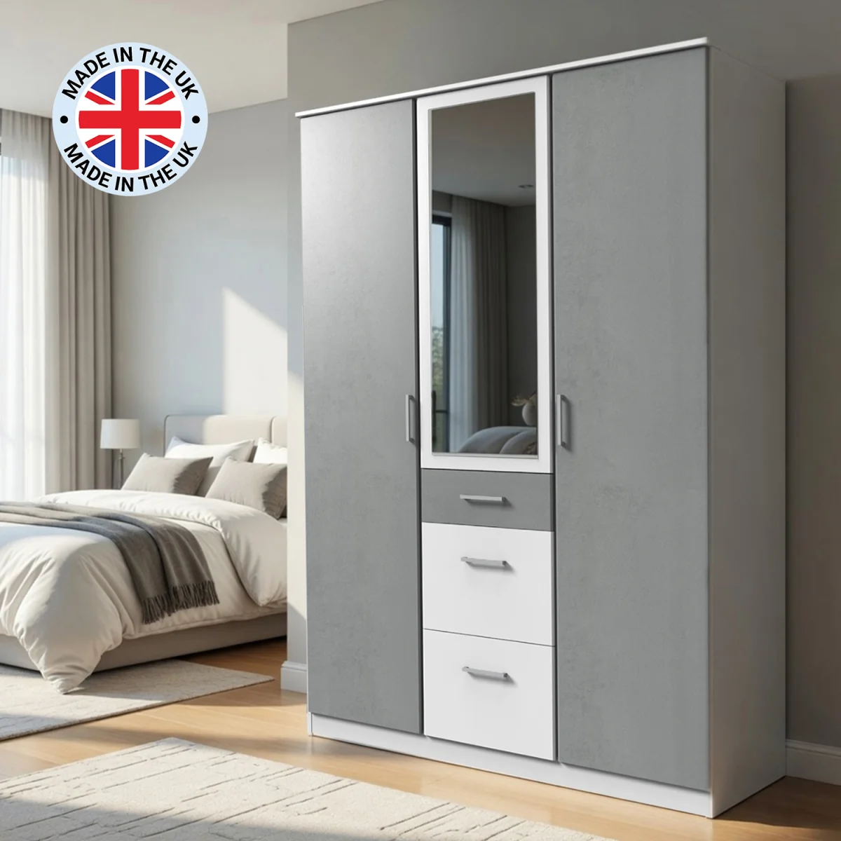 Click White and Grey 3 Door 135cm Wardrobe with Mirror - White – image 4