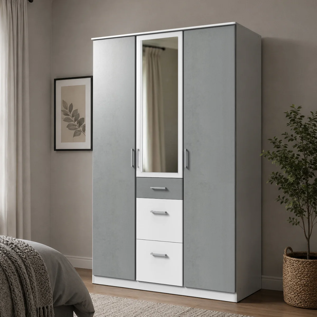 Click White and Grey 3 Door 135cm Wardrobe with Mirror - White – image 1
