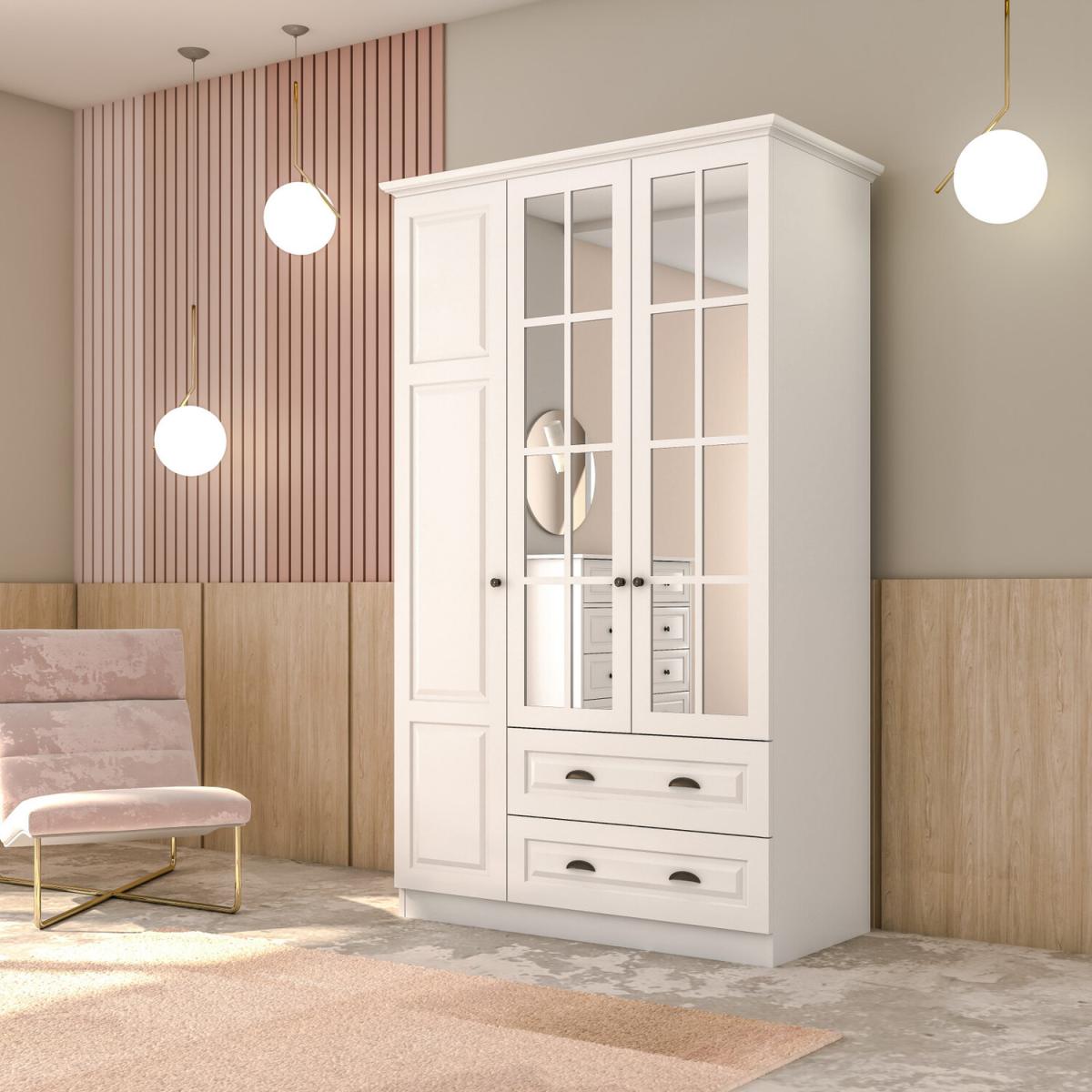 HEDLEY 3 Door 2 Drawer Mirorred Wardrobe, White - White – image 2